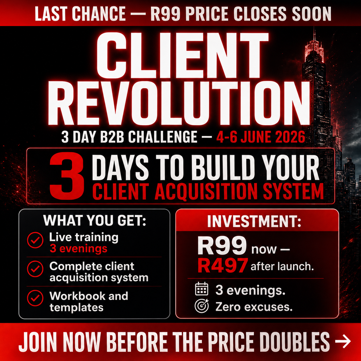 Van Studios Facebook ad: Last Chance, R99 Price Closes Soon. 3 Days to Build Your…