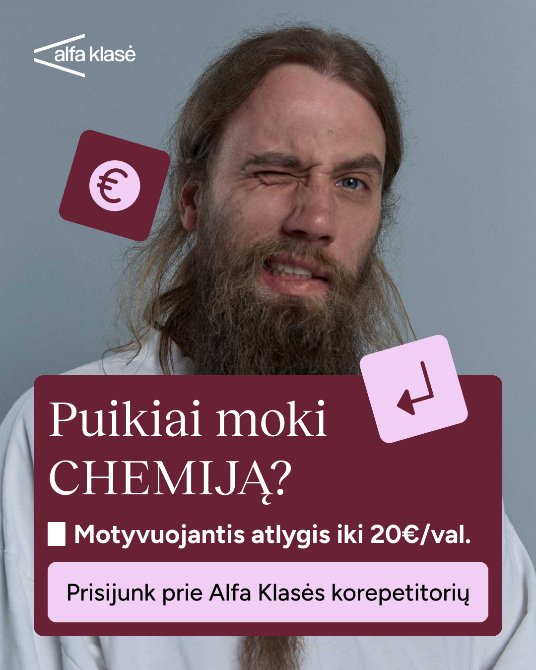 Alfa Klasė Facebook ad: Tapk chemijos korepetitoriumi
