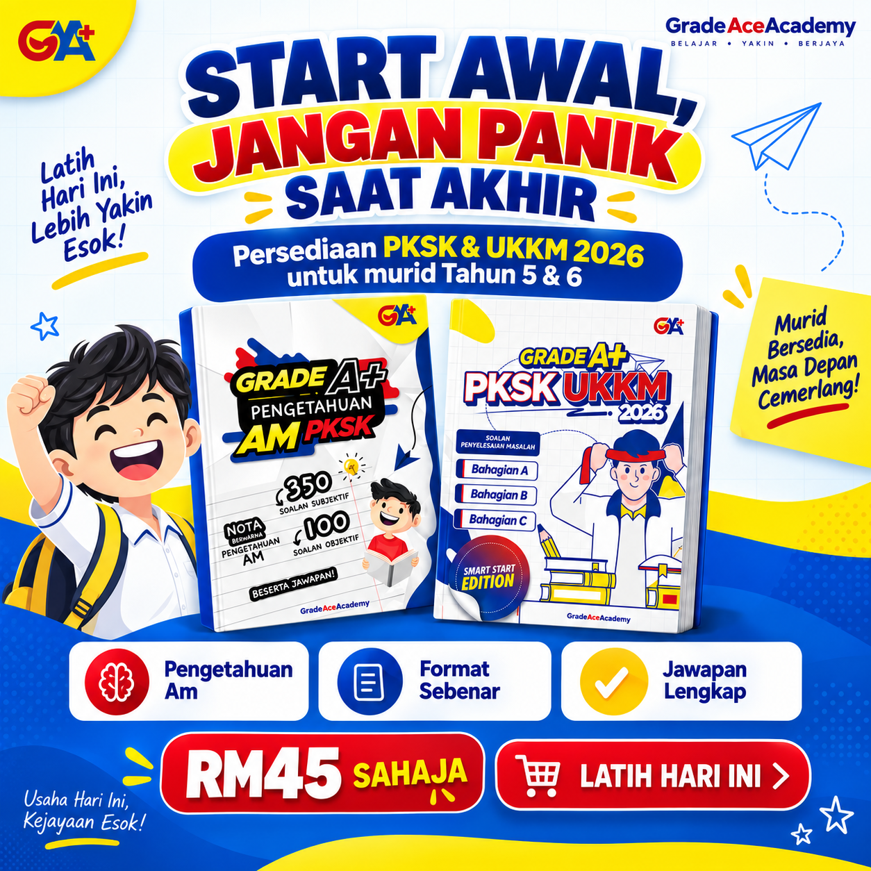 Grade Ace Academy Facebook ad: 2 Buku PKSK & UKKM Hanya RM45