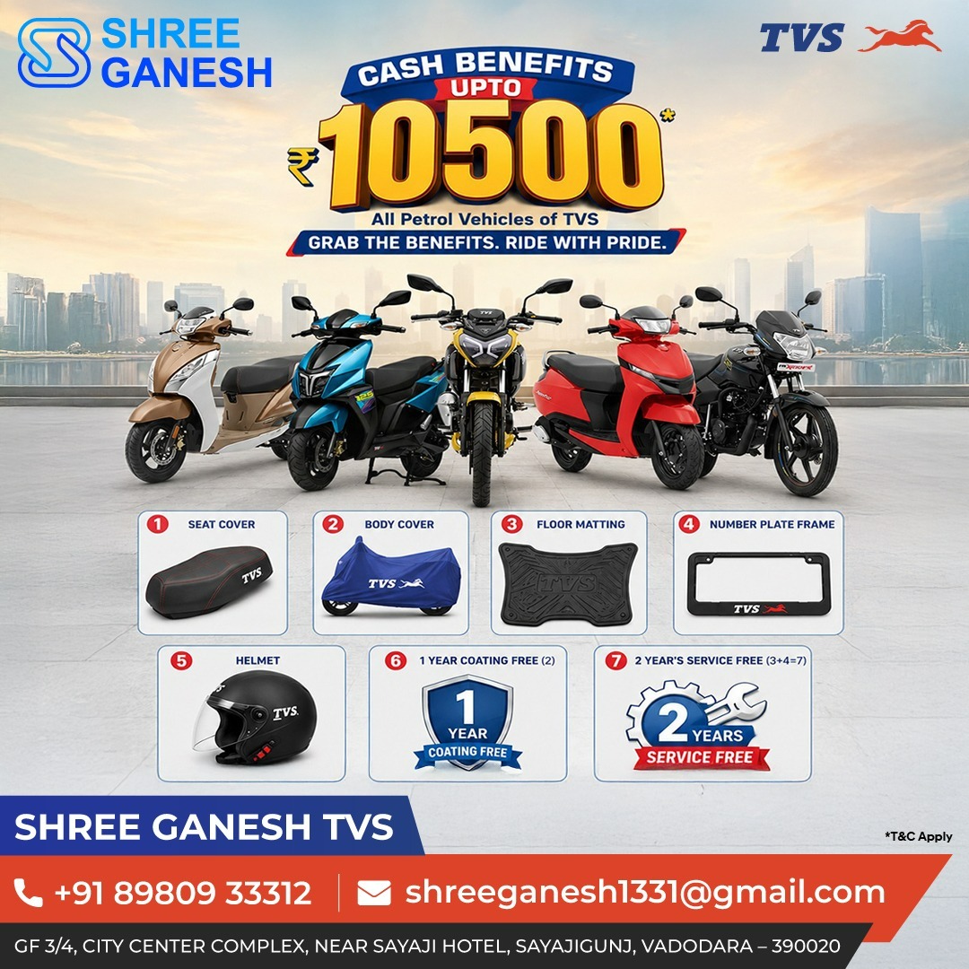Shree Ganesh TVS Vadodara Facebook ad: This season, enjoy cash benefits up to ₹10,500…