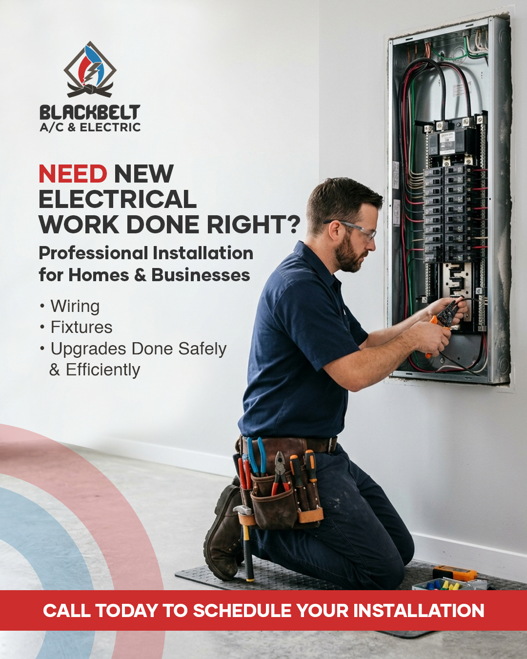 Blackbelt AC Heating and Electric Facebook ad: Call today and get your work done!