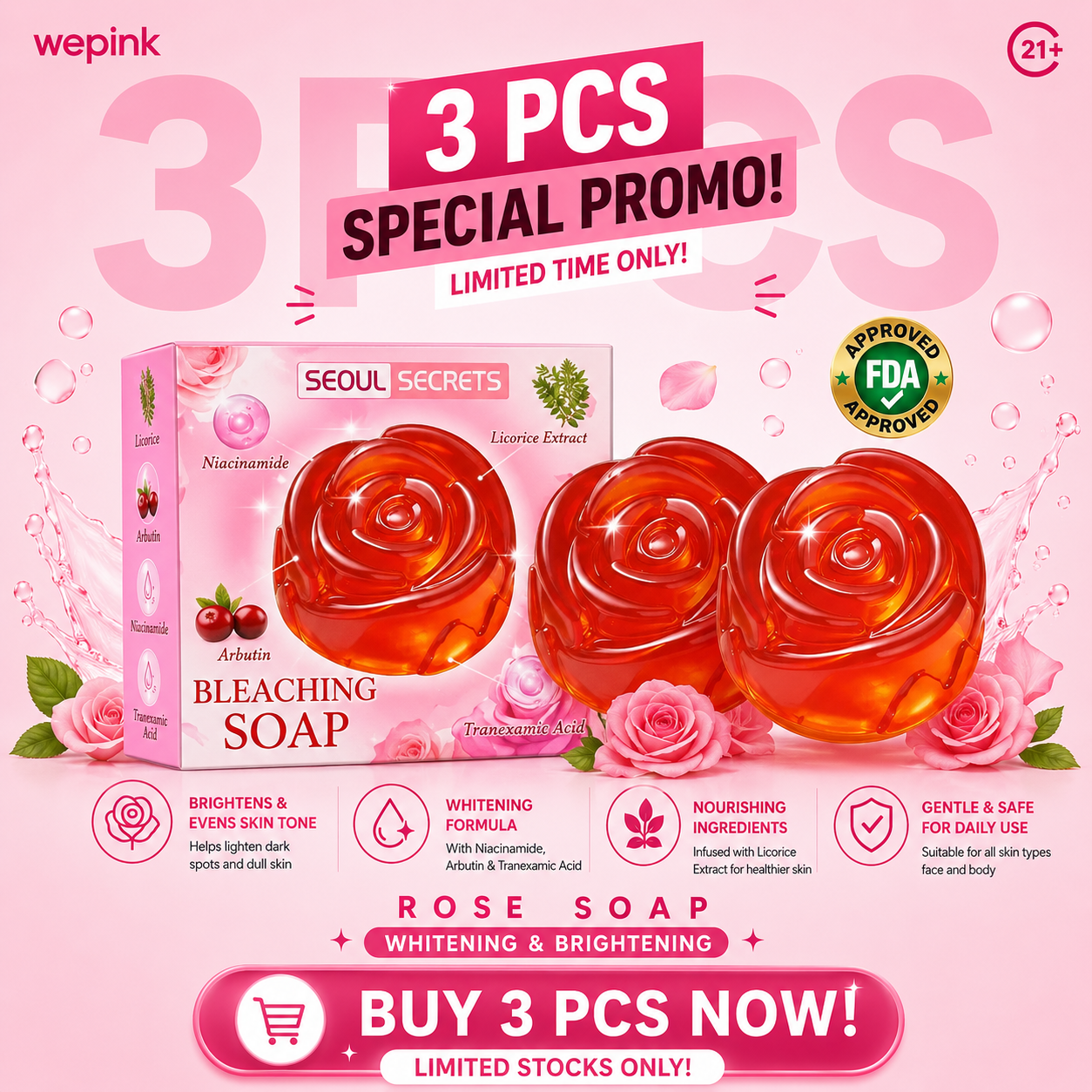 Korean Rose Whitening Bleaching Soap Facebook ad: Korean Rose Soap • BUY 1 TAKE