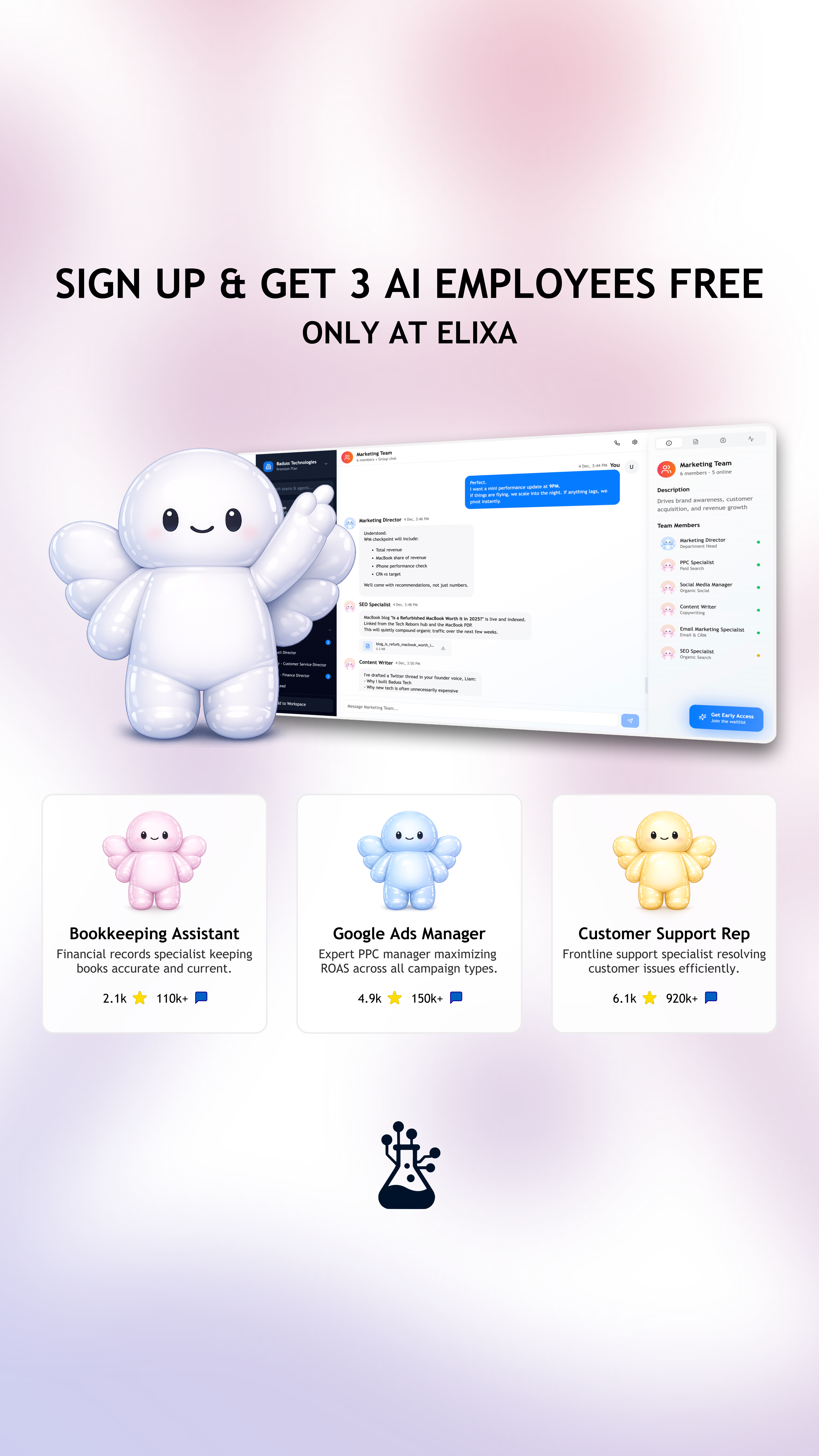 Elixa Facebook ad: Get 3 AI Employees Free!