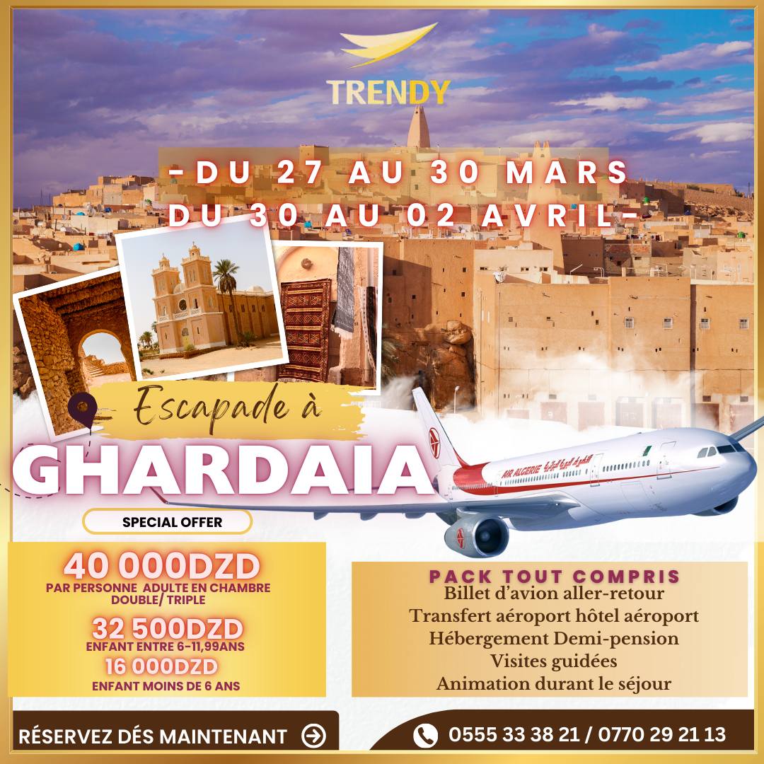 Trendy Voyages & Tourisme Facebook ad: VOTRE SÉJOUR SAHARIEN CONSULTEZ NOS OFFRES DISPONIBLE DÈS…