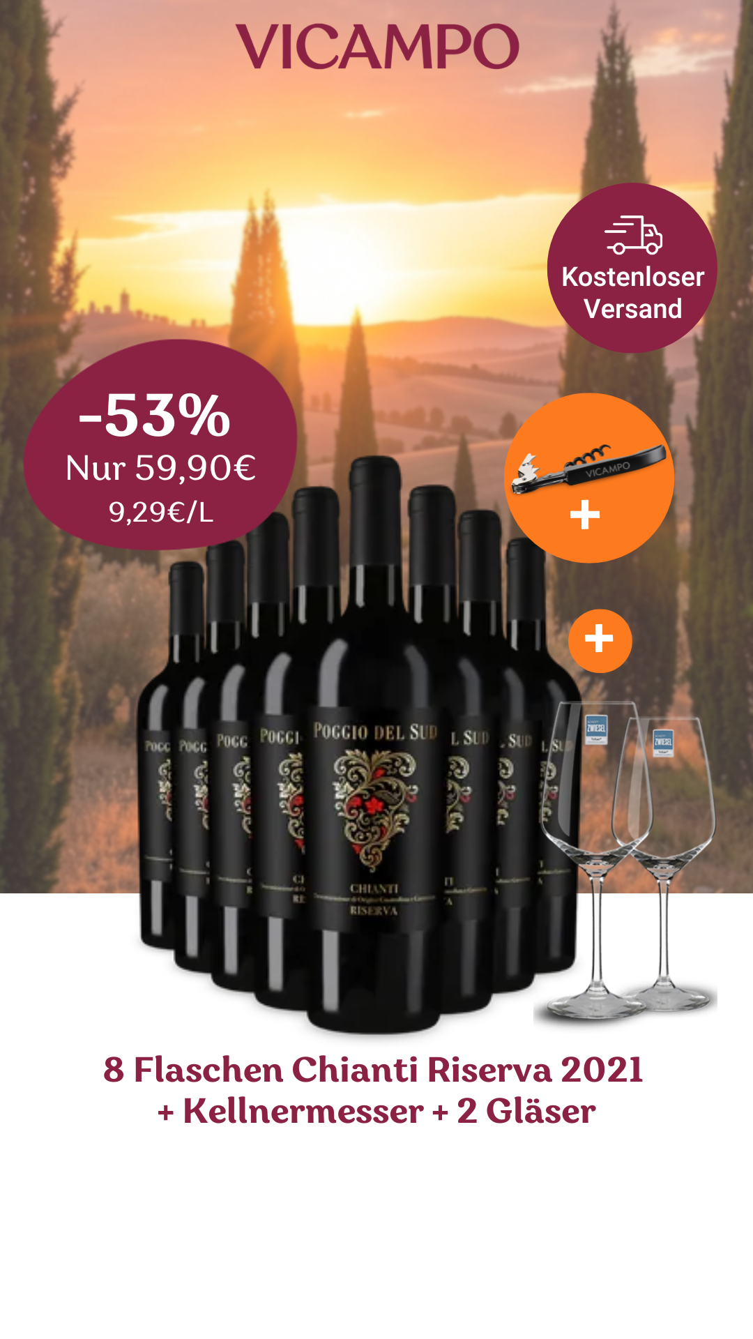 Vicampo Facebook ad: Genuss pur: Ihr Chianti Riserva Paket mit 2 Schott-Zwiesel…