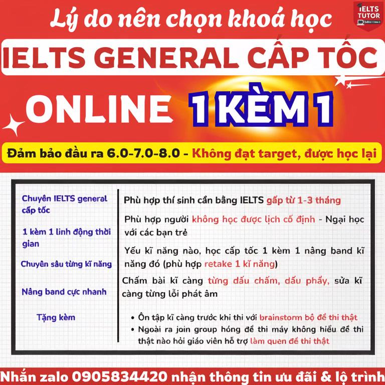ieltstutor.vn - Chấm bài IELTS Writing Speaking online hàng đầu Việt Nam Facebook ad: IELTS GENERAL Cấp tốc ONLINE 1 kèm 1 - Đảm bảo đầu ra band…