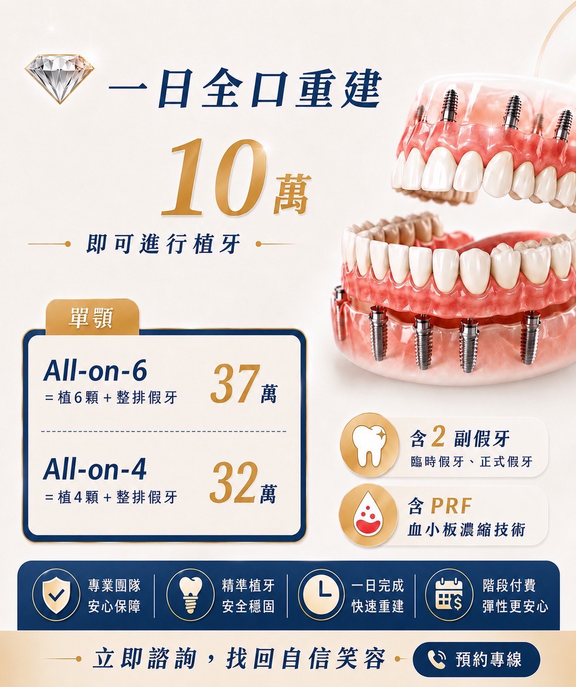 怡綵牙醫診所 Facebook ad: 單顎植牙-10萬即可進行