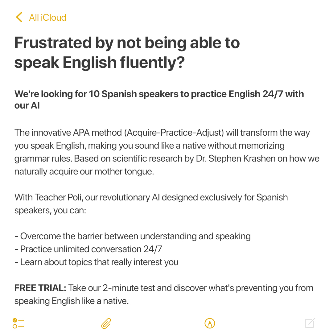 Teacher Poli Latam Facebook ad: Desbloquea tu inglés solo en sólo 20 minutos