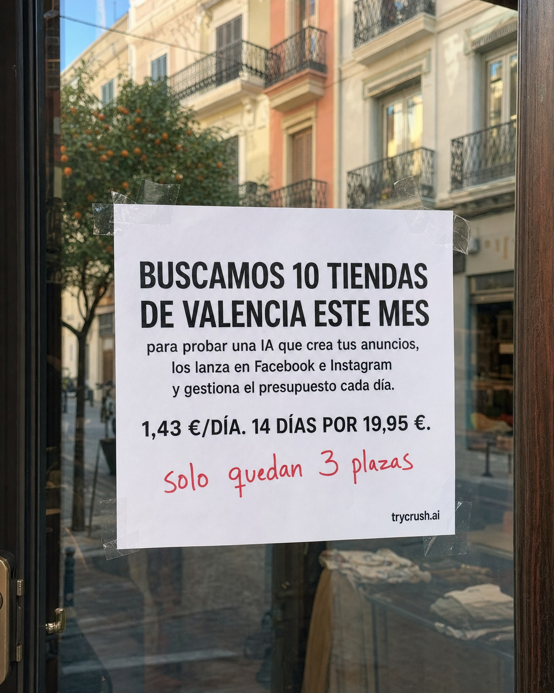 trycrush.ai Facebook ad: Buscamos 10 tiendas de Valencia este mes