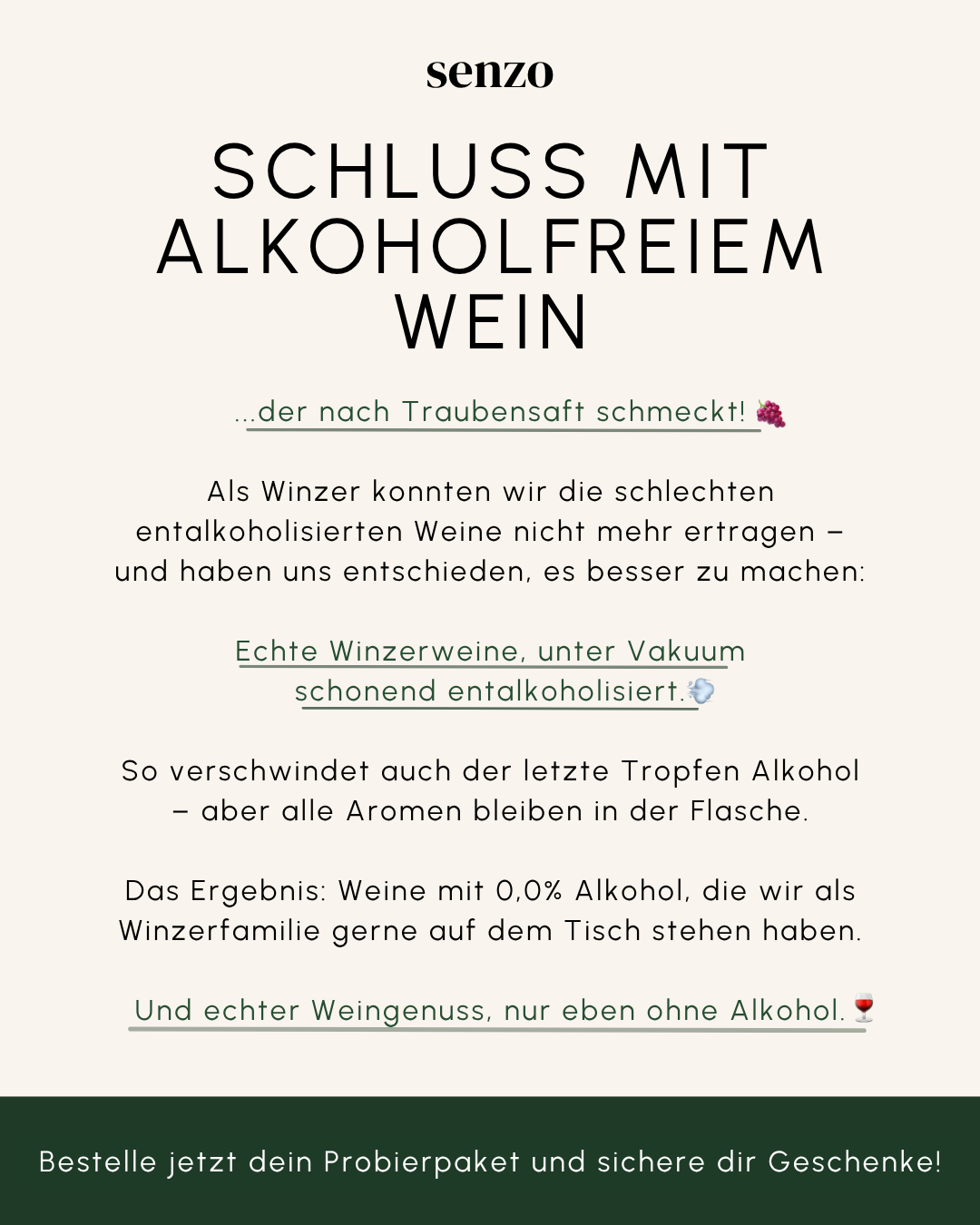 Senzo Facebook ad: SENZO, 100% Winzerhandwerk, 0,0% Alkohol