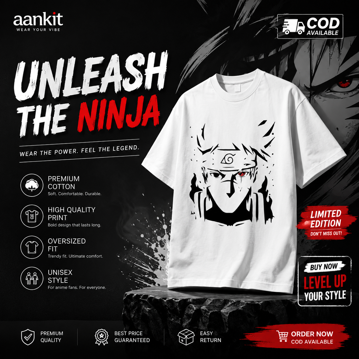 Aankit Facebook ad: Unleash the Ninja, Premium Anime Oversized T-Shirt