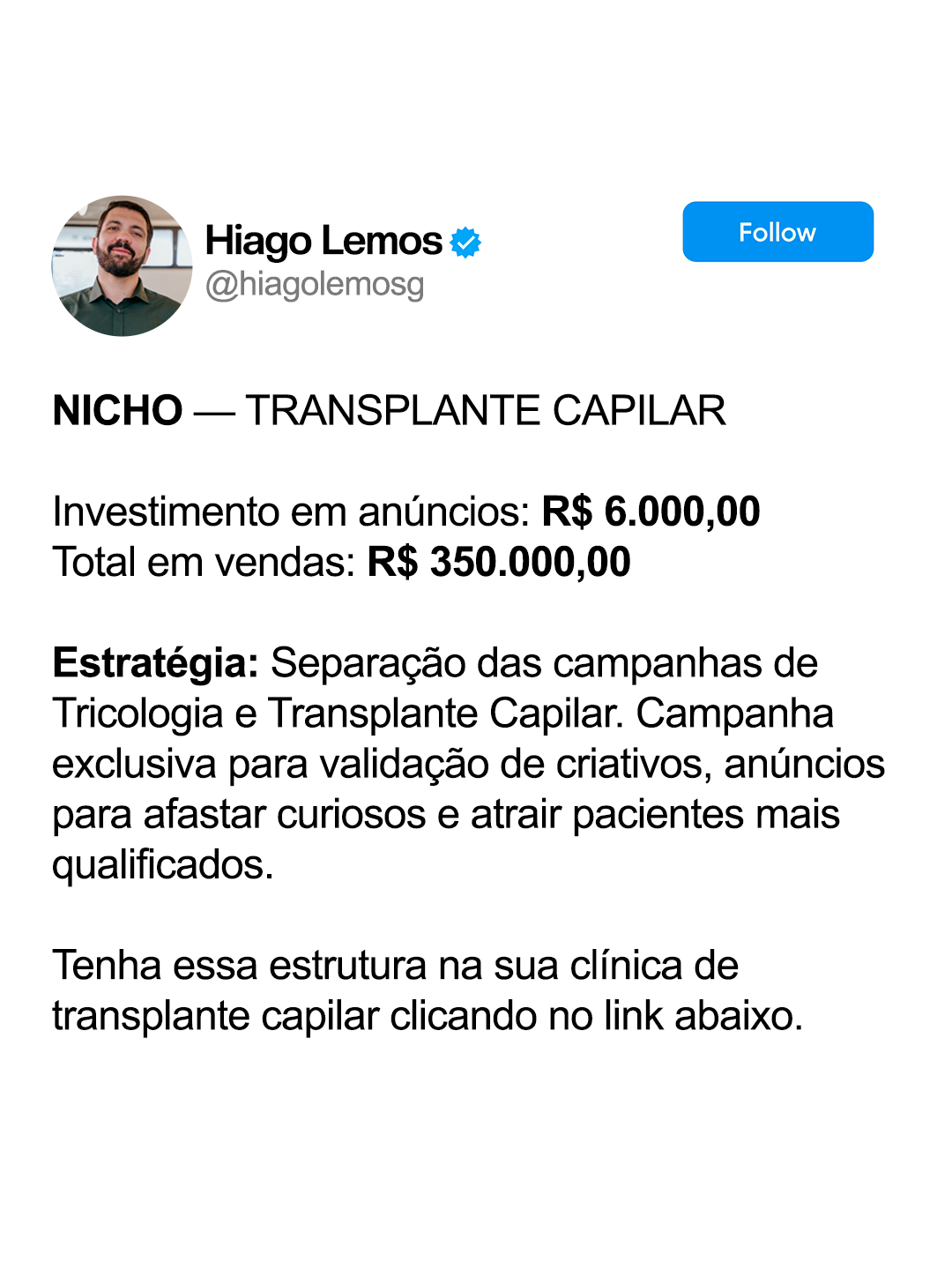 Hiago Lemos Facebook ad: A única assessoria de marketing 100% focada em transplante…