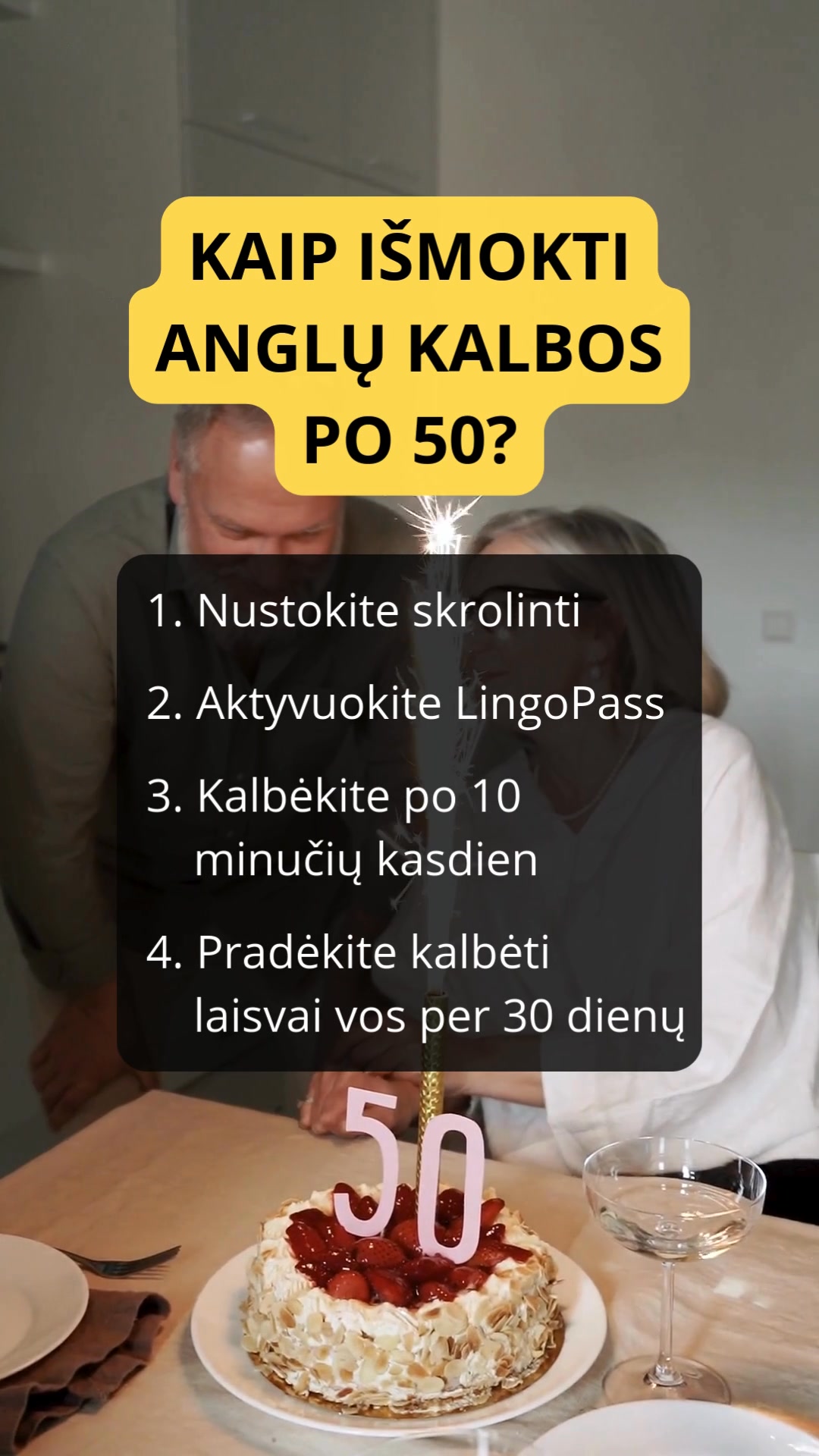 LingoPass Facebook ad: Anglų kalba suaugusiems per 30 dienų