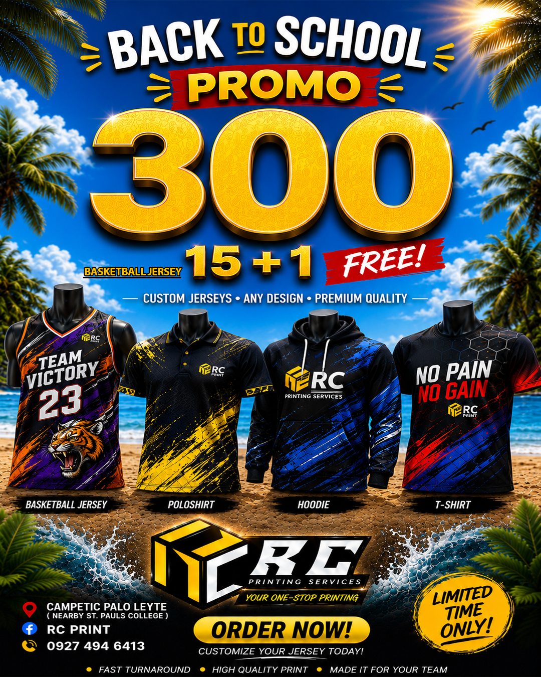 RC Print Facebook ad: Full Sublimation Basketball Jersey 300 only 15+1 free.