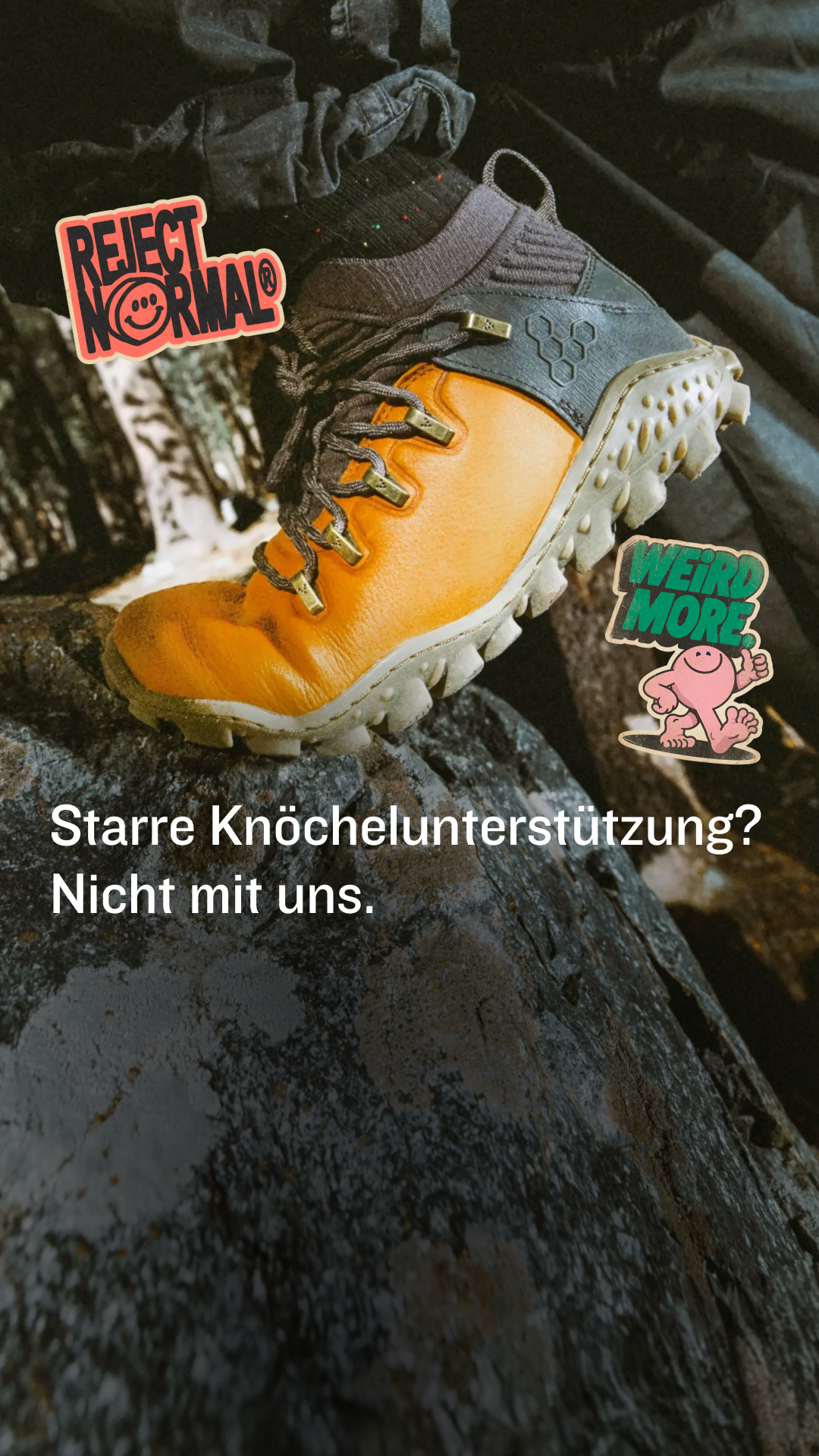 Vivobarefoot Facebook ad: Lehne das Gewöhnliche ab. Seltsam mejr.