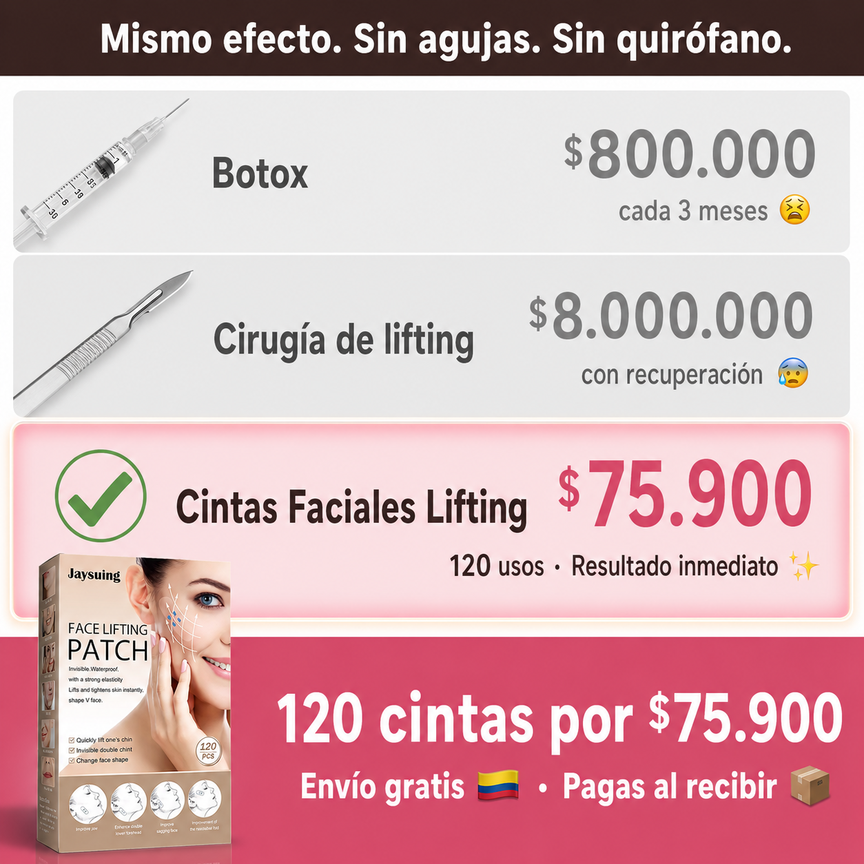 Trupea Facebook ad: $800.000 en botox vs $75.900 por 120 usos