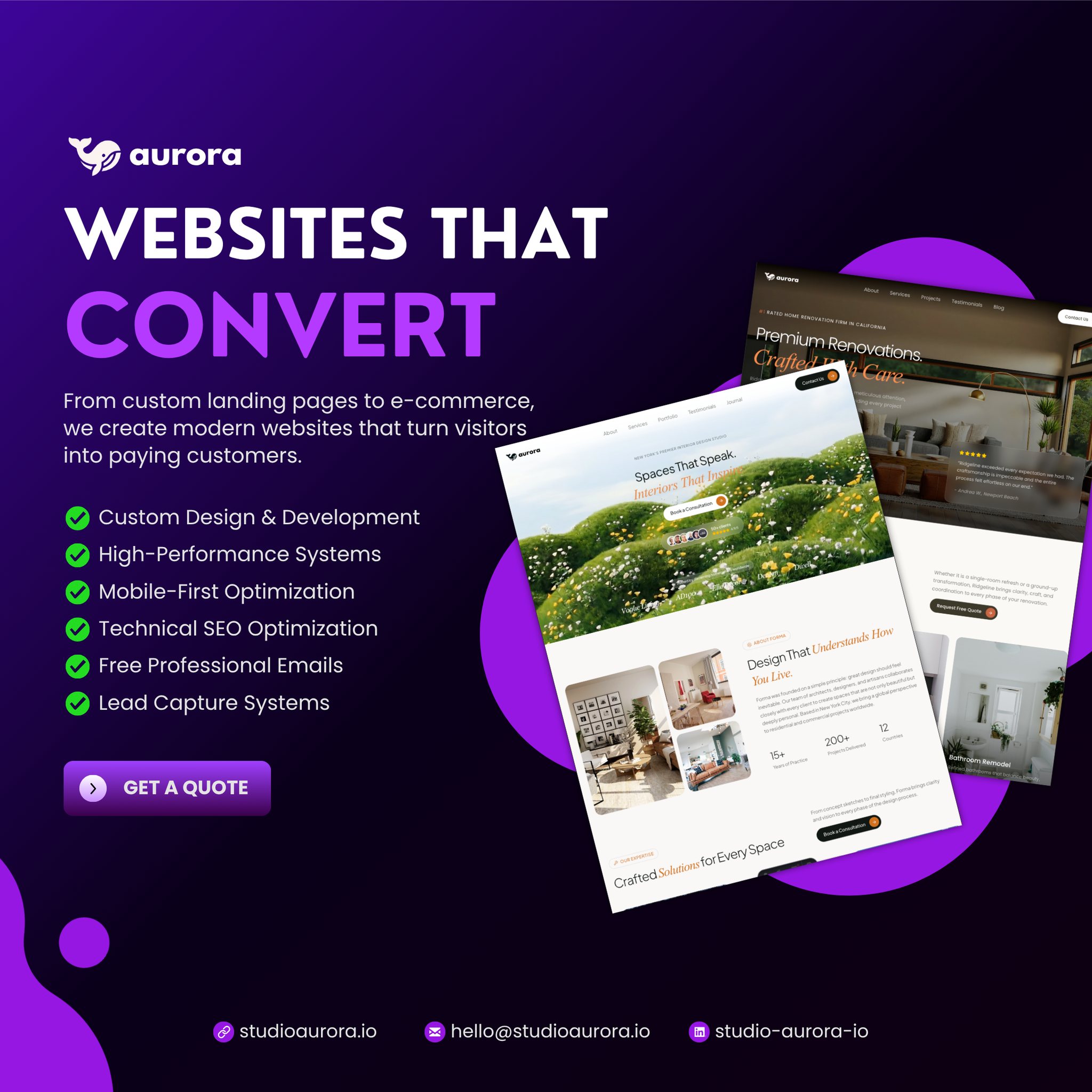 Studio Aurora Facebook ad: Design and software engineered for your growth.