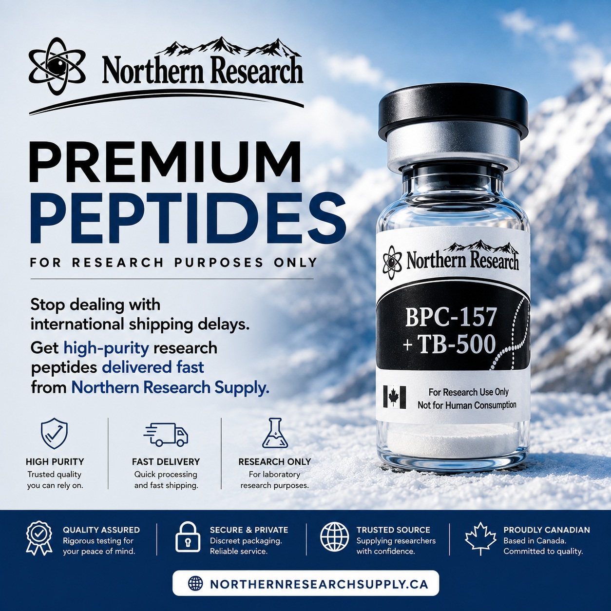 Northern Research Supply Facebook ad: Tired of international delays, get high-purity research…