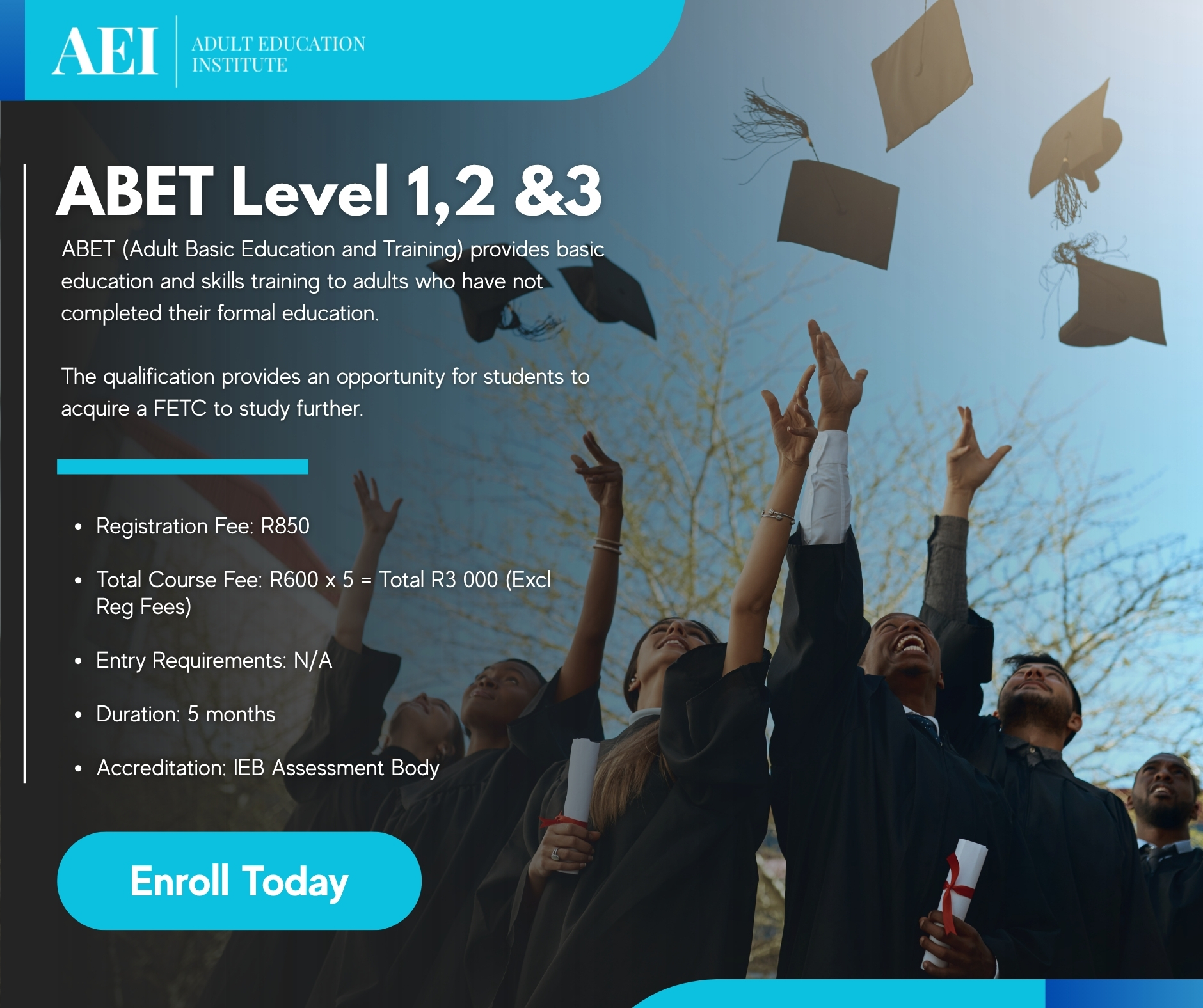 Adult Education Institute Facebook ad: ABET Level 1-2-3