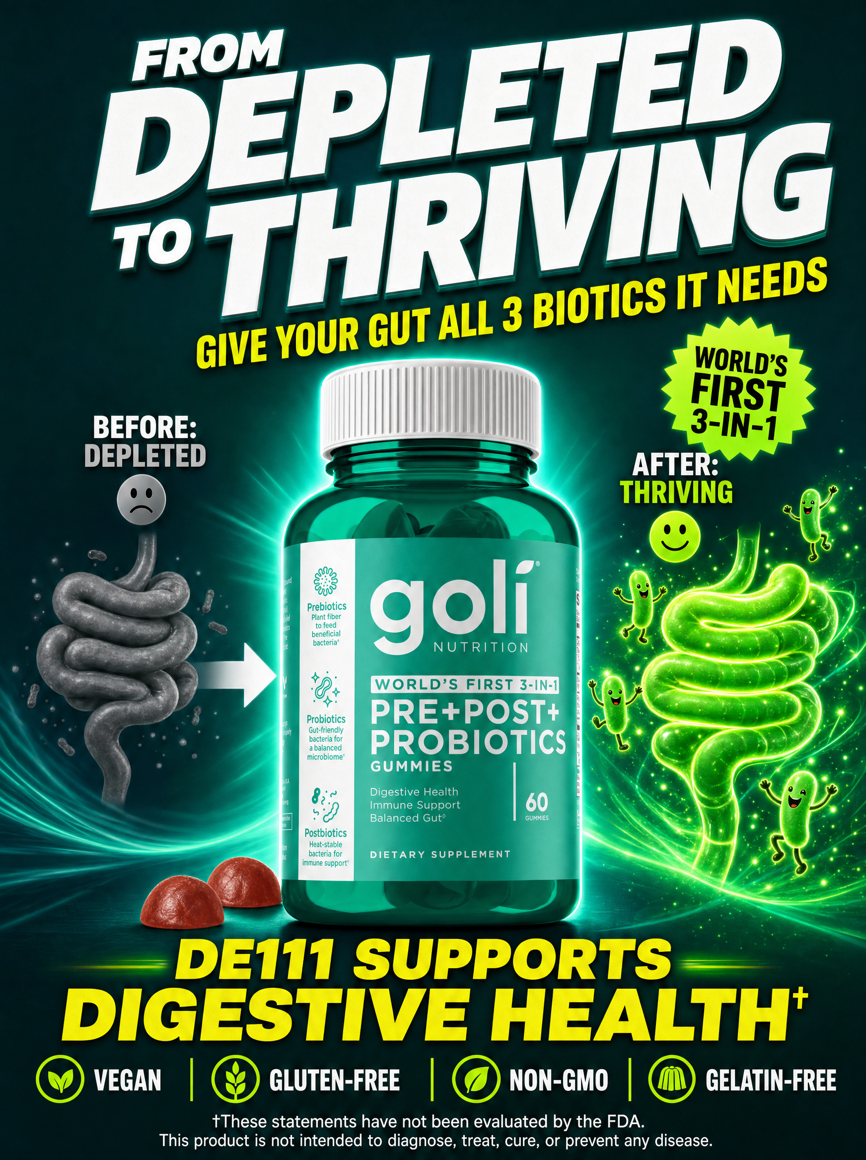 Goli Facebook ad: Three Biotics. One Gummy. World's First.