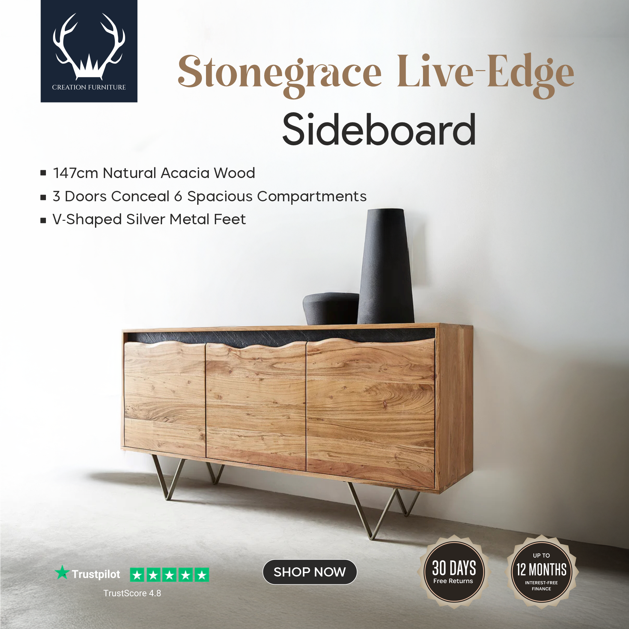 Creation Furniture Facebook ad: Sideboard Stonegrace 147cm Acacia Wood Natural Stone…