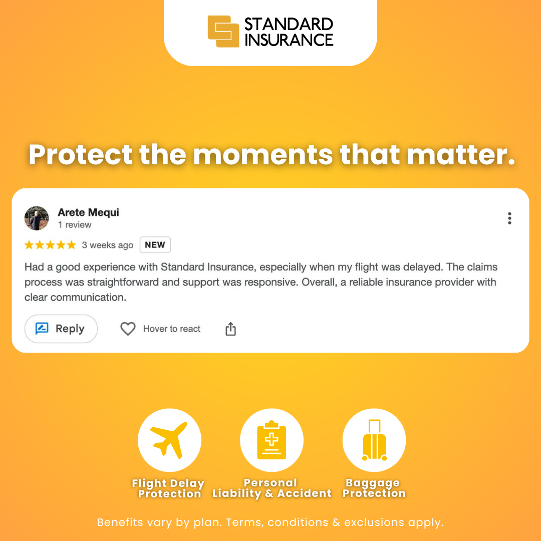 Standard Insurance Facebook ad: Get travel insurance kasi sa byahe, support ang…