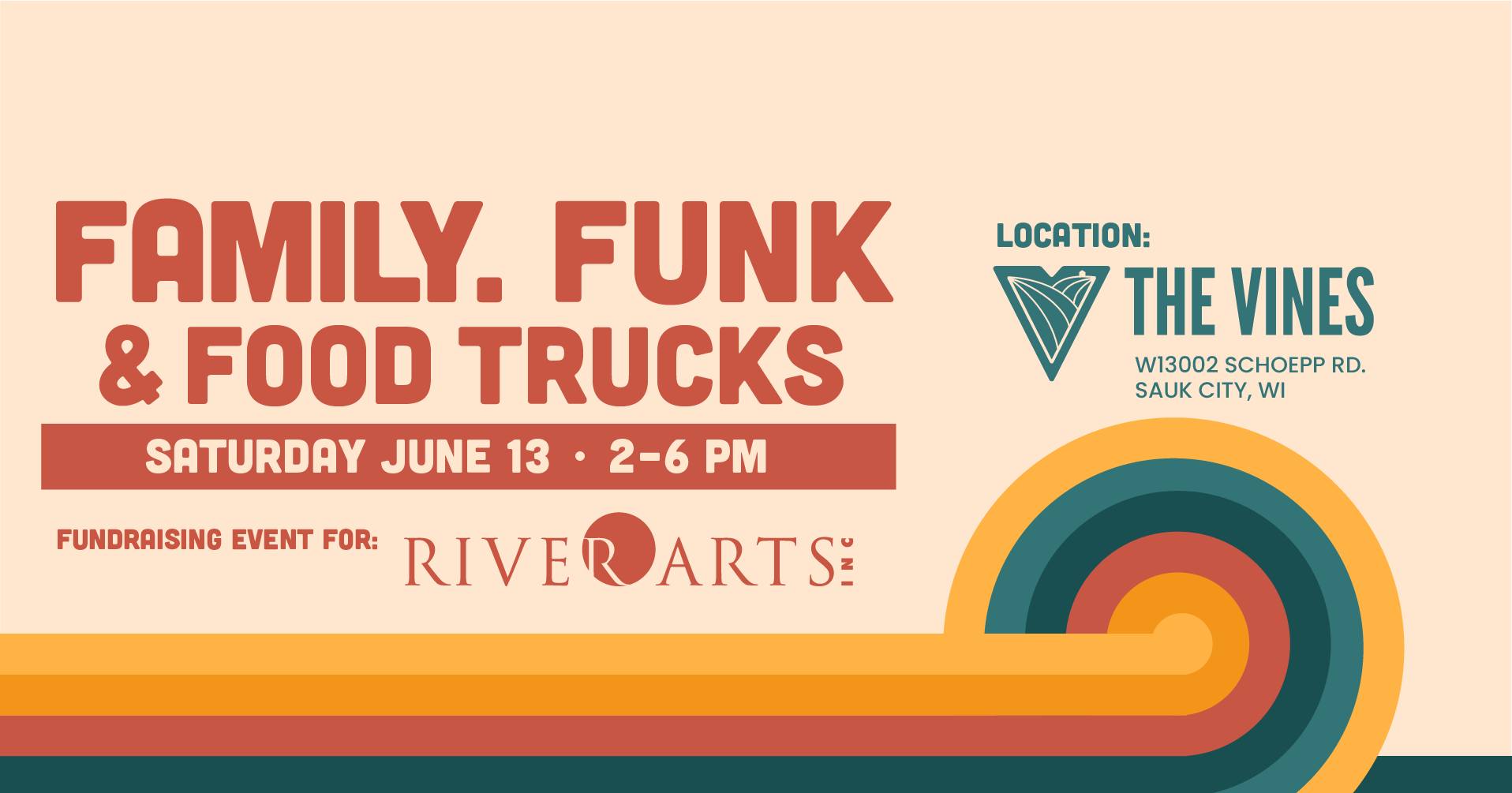 River Arts Inc. Facebook ad: FAMILY, FUNK, & FOOD TRUCKS featuring Tae and The Neighborly