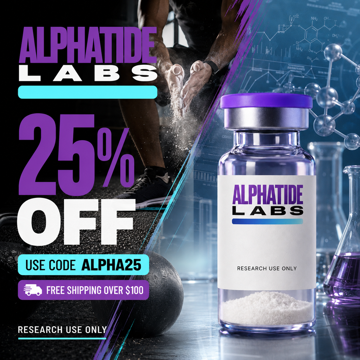 Alphatide Labs Facebook ad: Use Code ALPHA25 for 25% Off