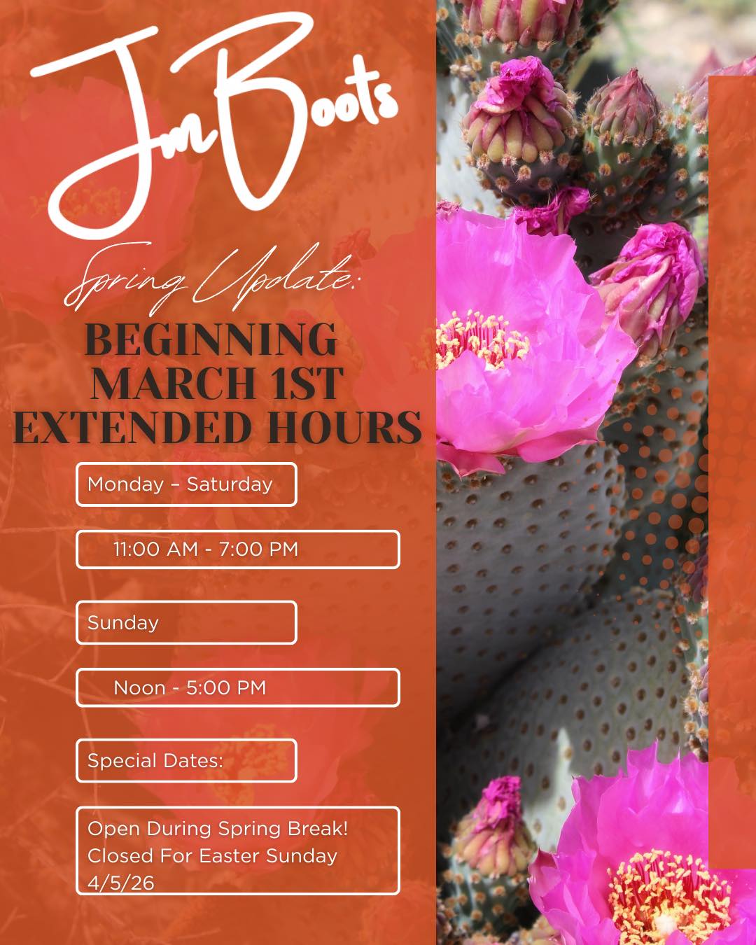 JM Boots Facebook ad: New Hours Beginning March 1st!