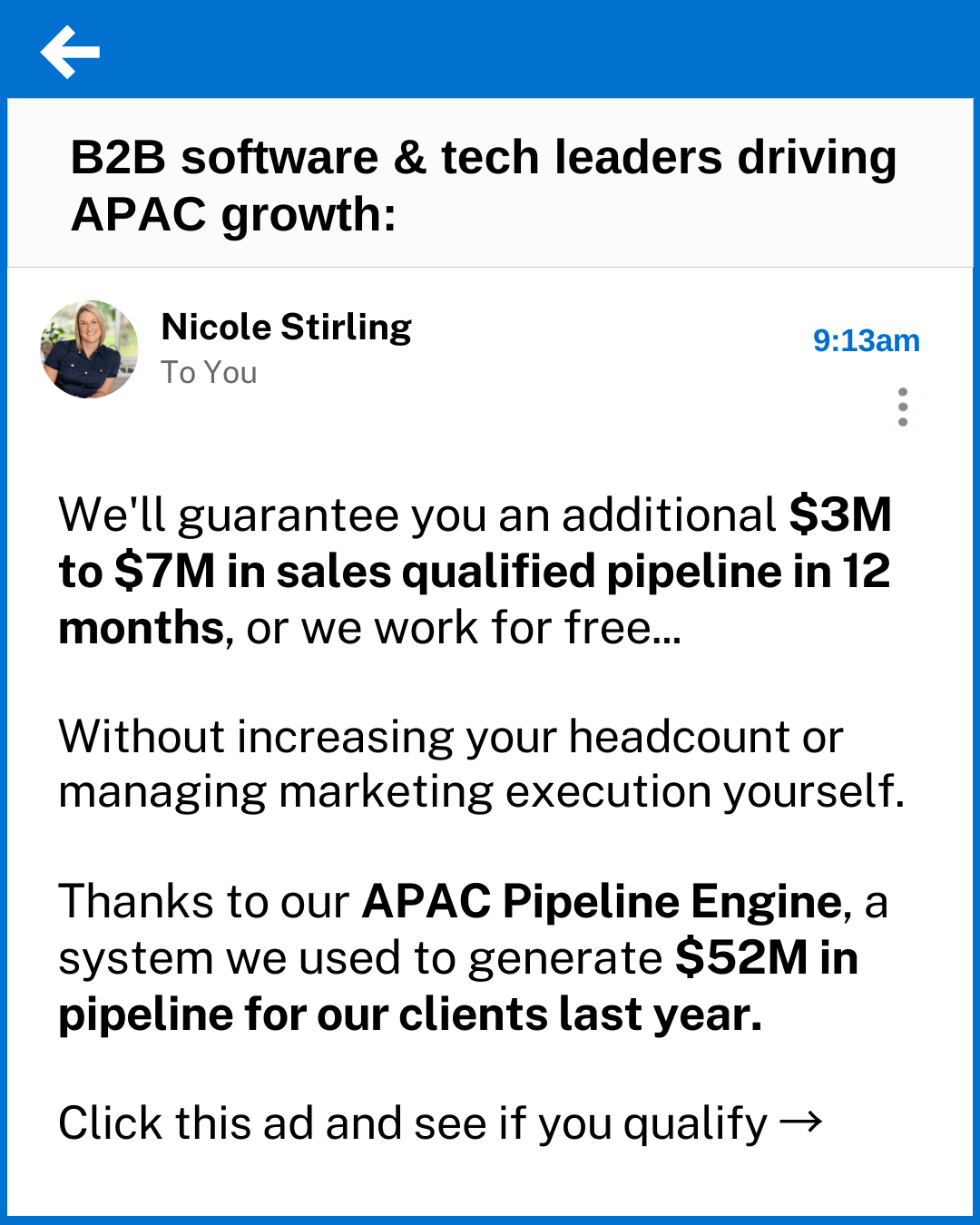 Stirling Marketing Facebook ad: Guaranteed $3M - $7M in sales qualified pipeline or we…