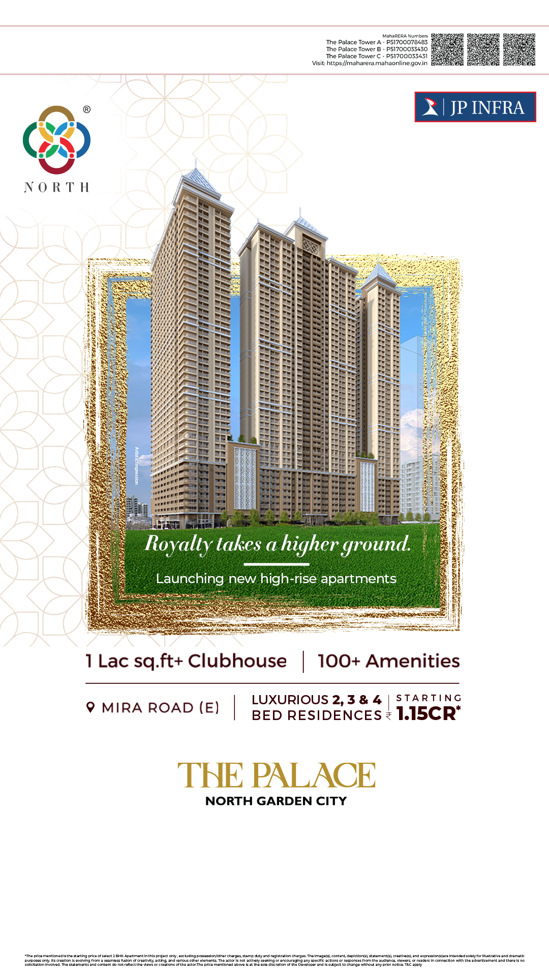 JP Infra Facebook ad: JP The Palace Gold 2/3/4 BHK at ₹1.15Cr*+