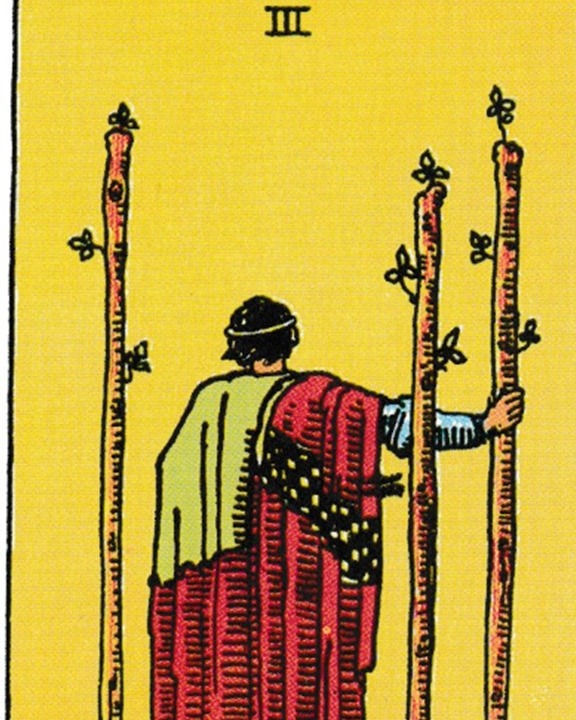 Sara, Psychic and Astrology Readings Facebook ad: The Three of Wands is a wonderfully positive…