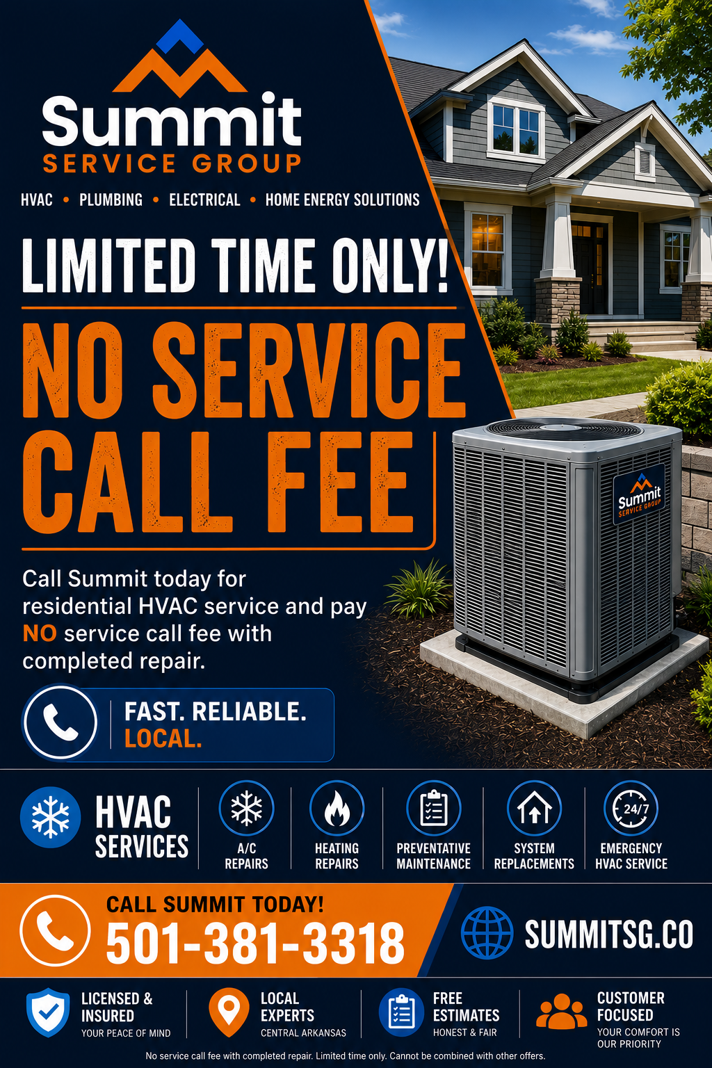 Summit Service Group Facebook ad: No Service Call Fee - Limted Time Only