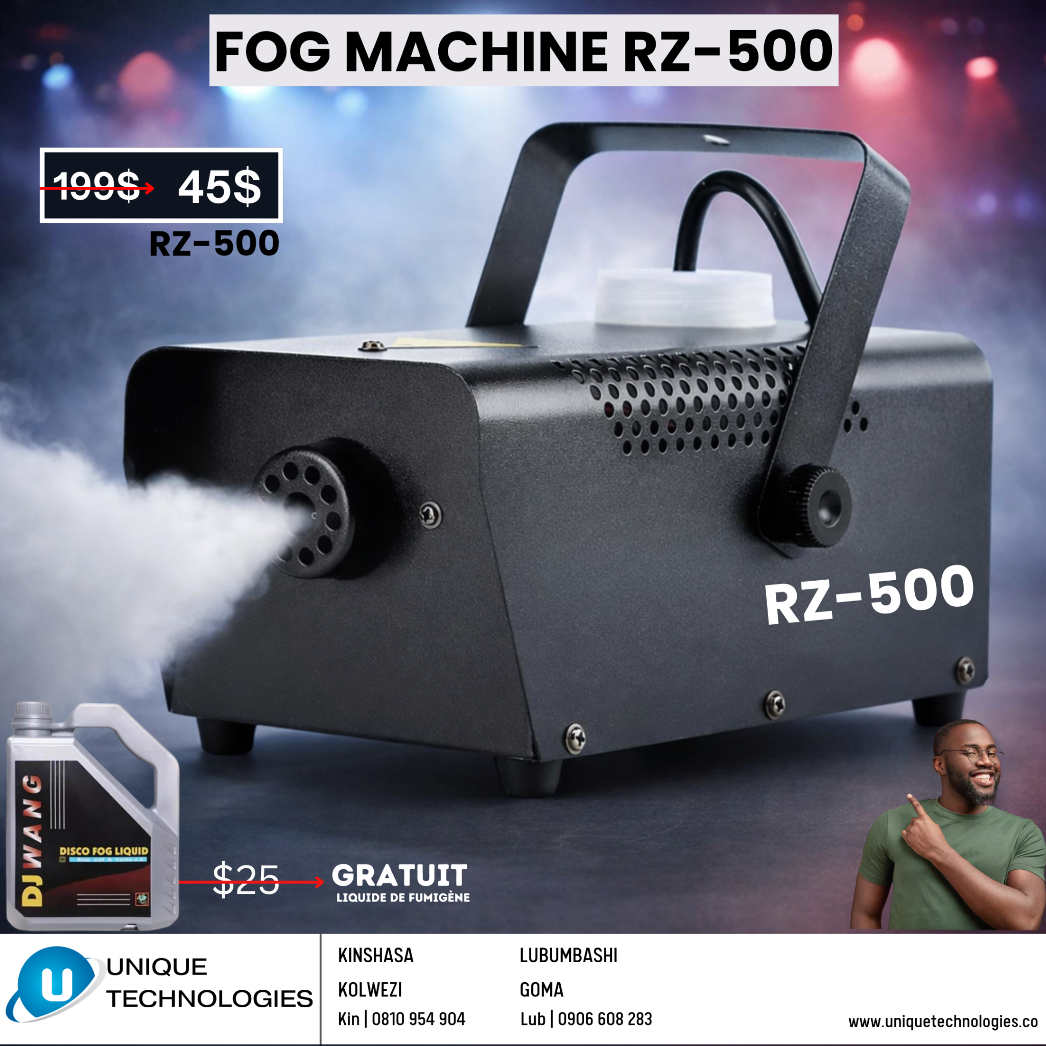 Unique Technologies Lubumbashi Facebook ad: MÉGA PROMOTION SUR LES MACHINES À FUMÉE!