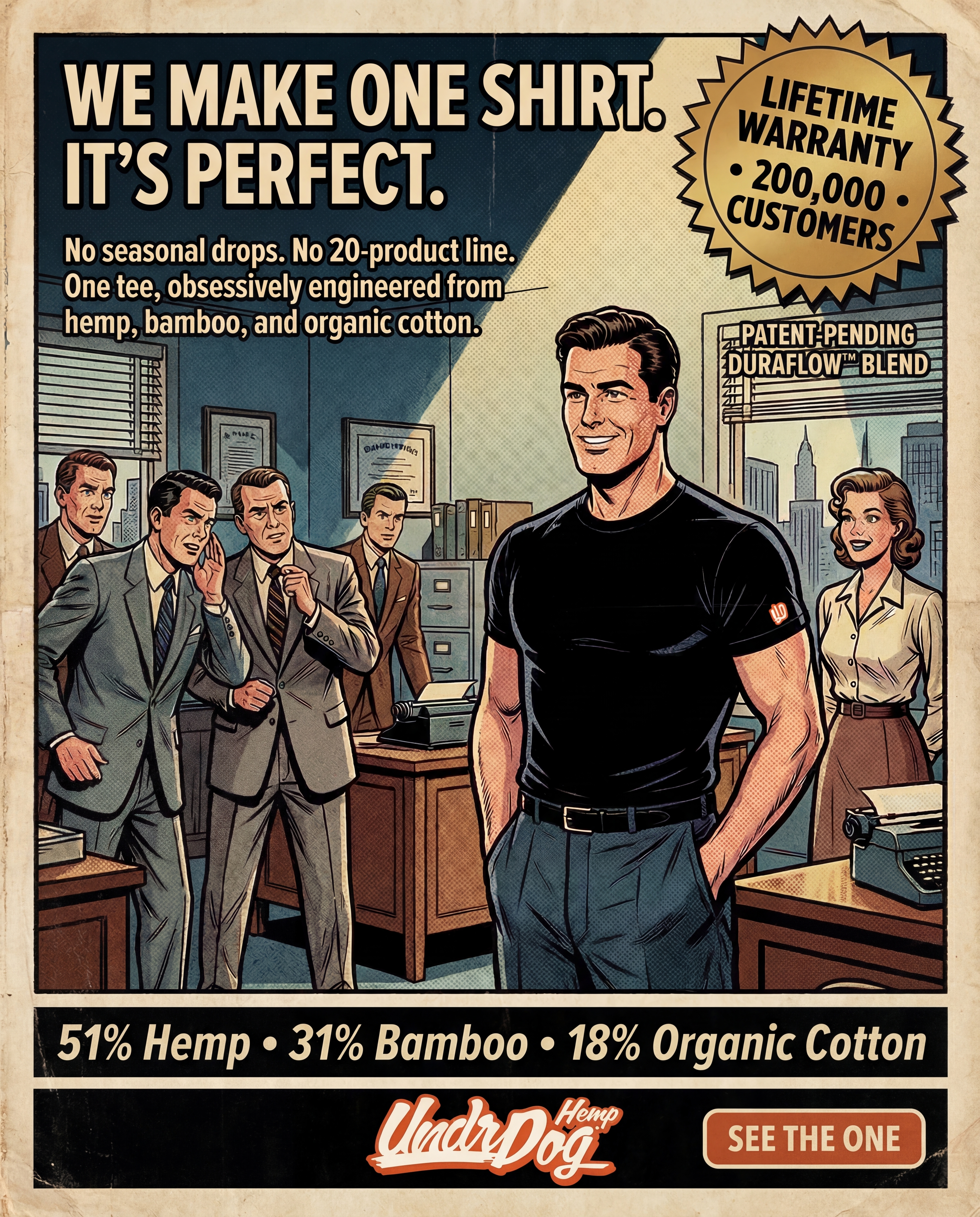 UndrDog Hemp Facebook ad: Real Men Wear Hemp. Lifetime Warranty.
