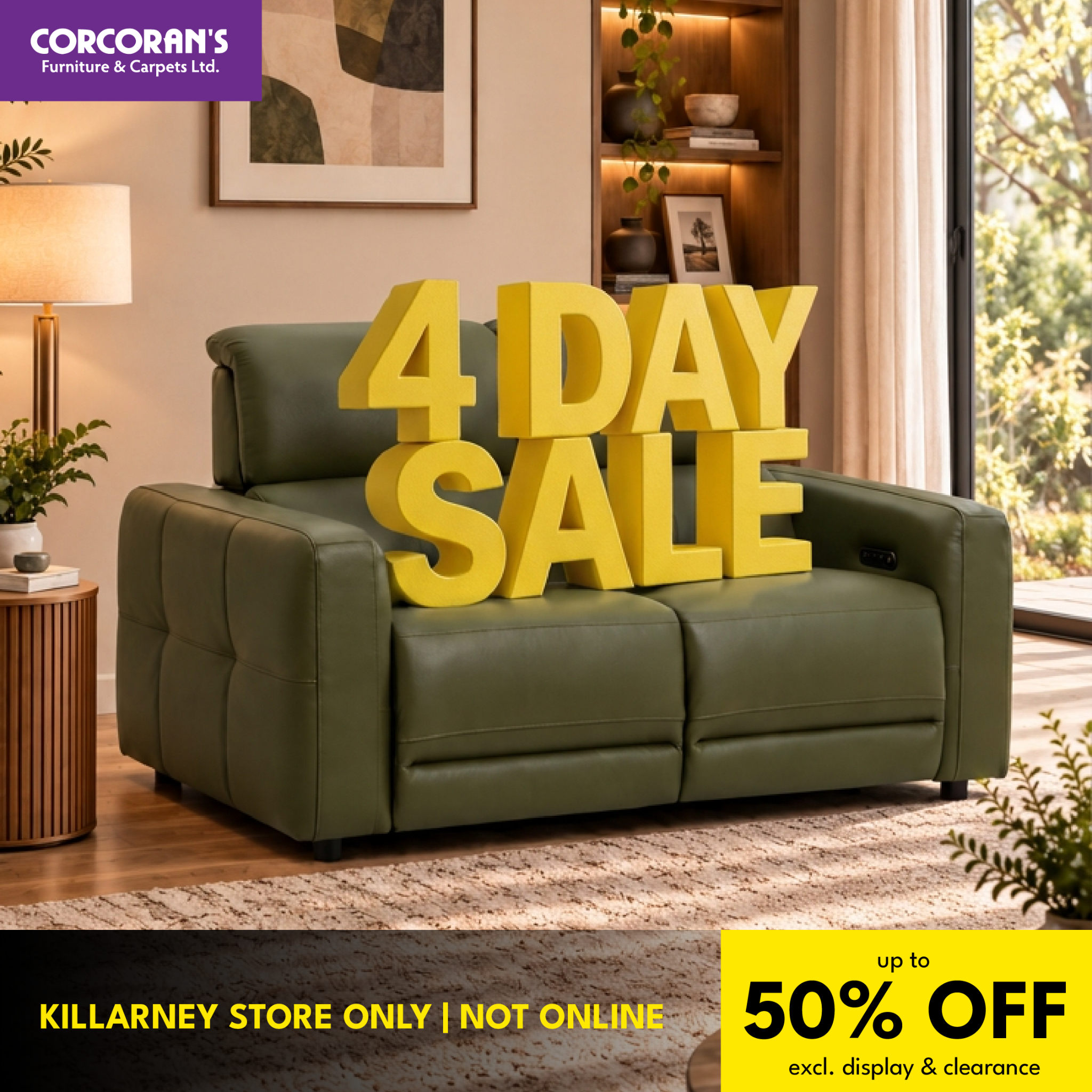 Corcorans Furniture & Carpets Facebook ad: Visit Us In Killarney, Up to 50% Off