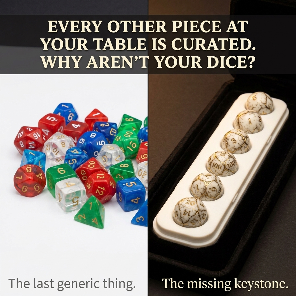 Orbidice Facebook ad: Your table is curated. Your dice aren't.