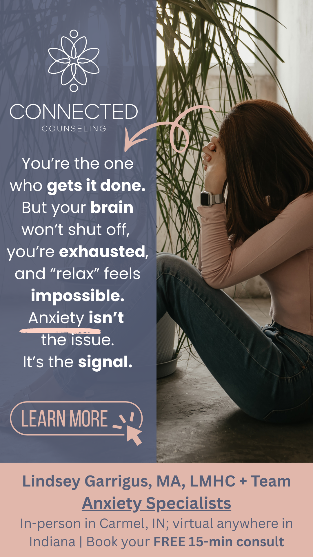 Connected Counseling LLC Facebook ad: When Your Brain Won’t Stop