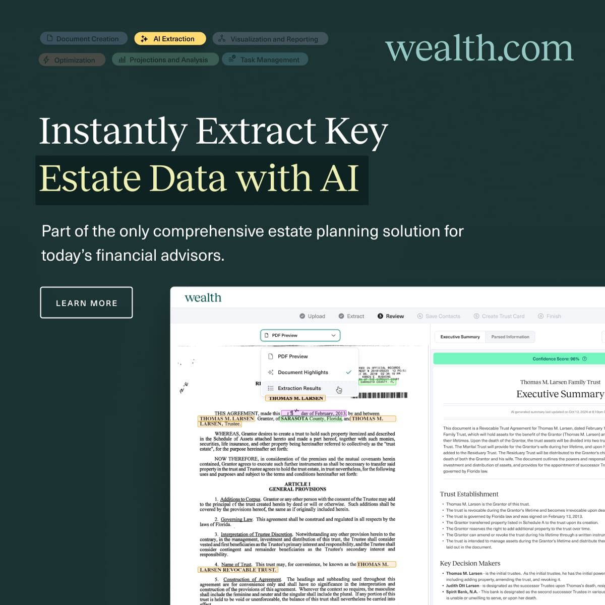 Wealth.com Facebook ad: Turn Estate Docs Into Insights-Powered by AI