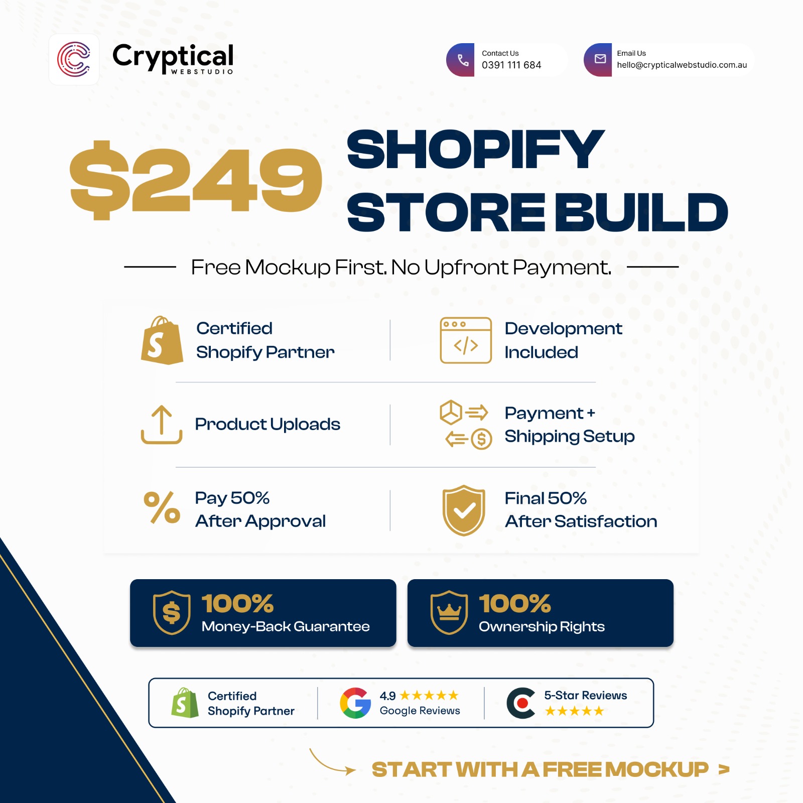 Cryptical Web Studio Facebook ad: Pay only when you're happy, that's our Aussie promise