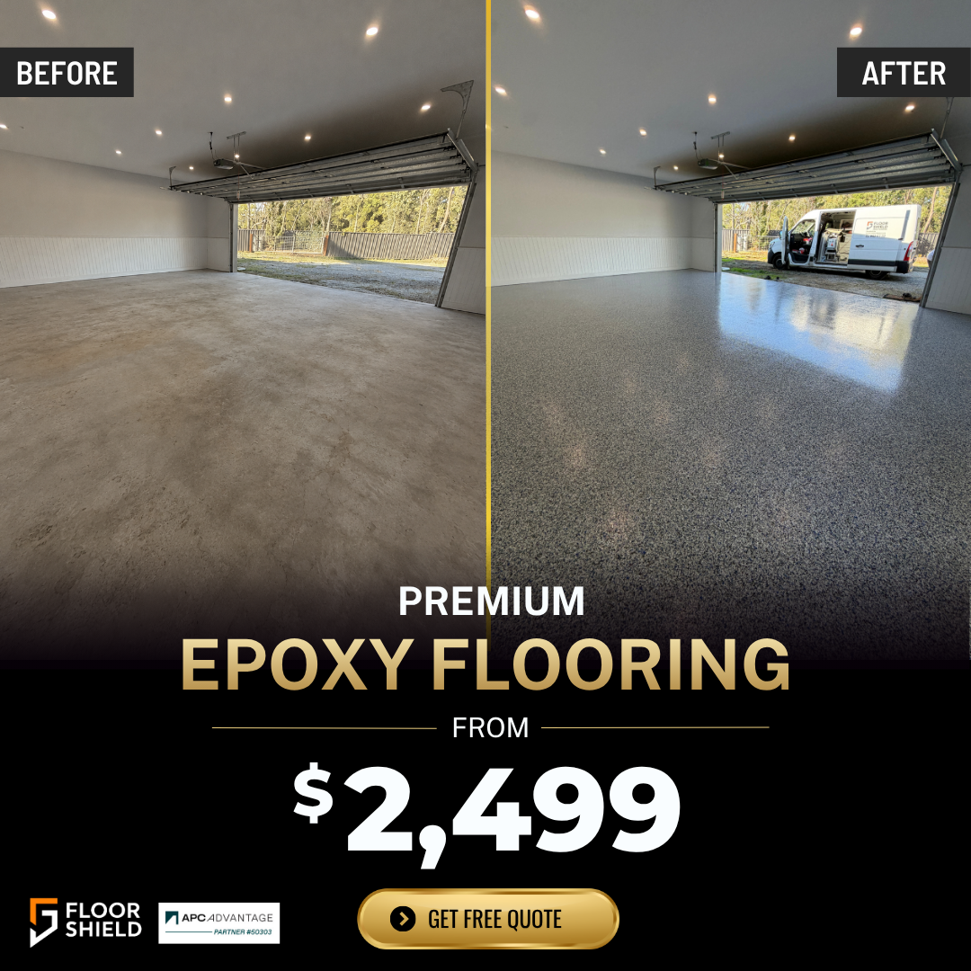 Floor Shield Facebook ad: 5-Coat Epoxy Garage Floors, From Just $2,499