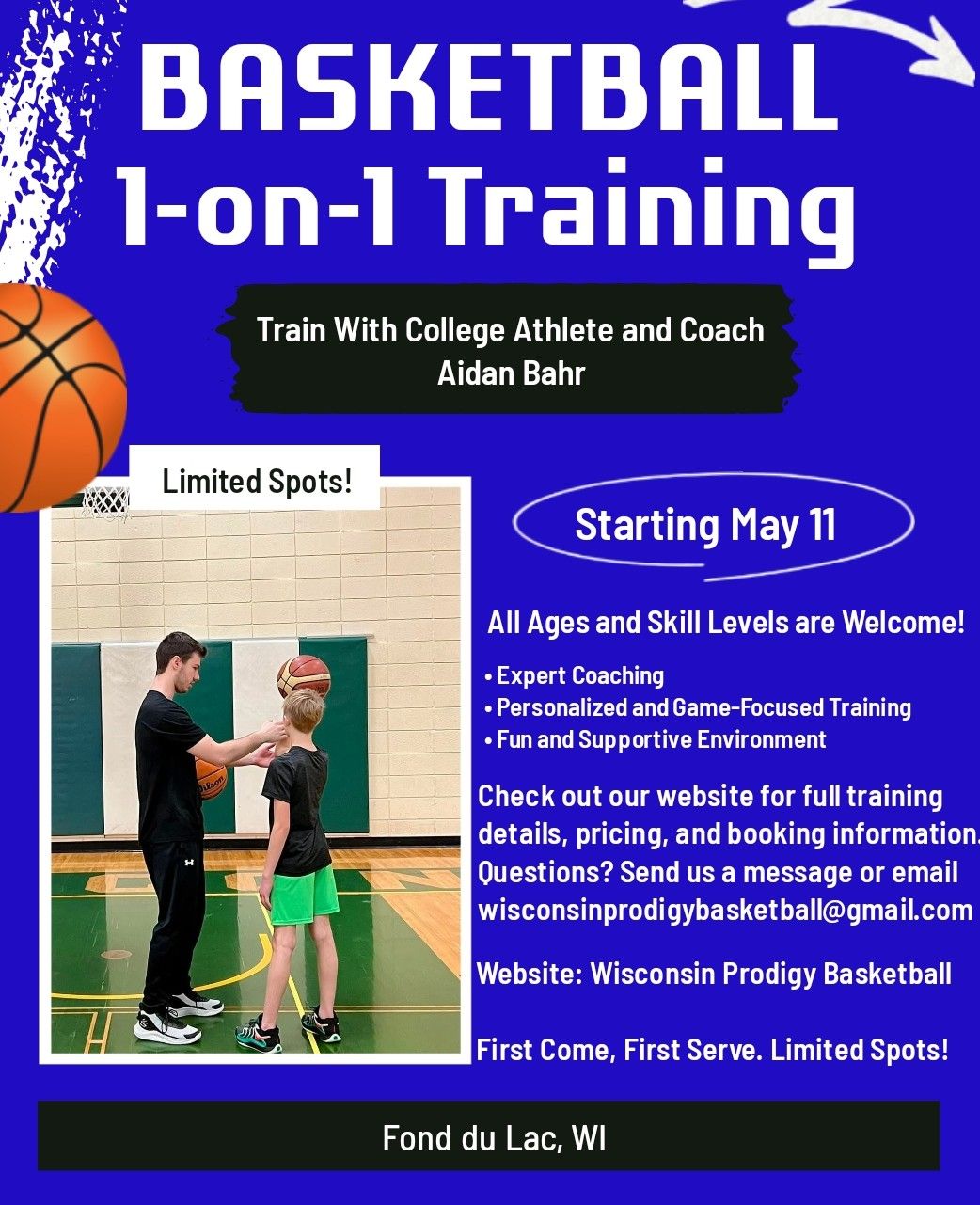 Wisconsin Prodigy Basketball Facebook ad: 1 on 1 Training, Basketball