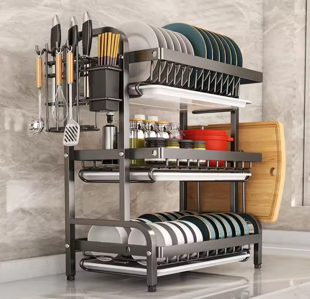 Shopping Moris Facebook ad: 3 Tiers Kitchen Dish Rack Including Knife &…