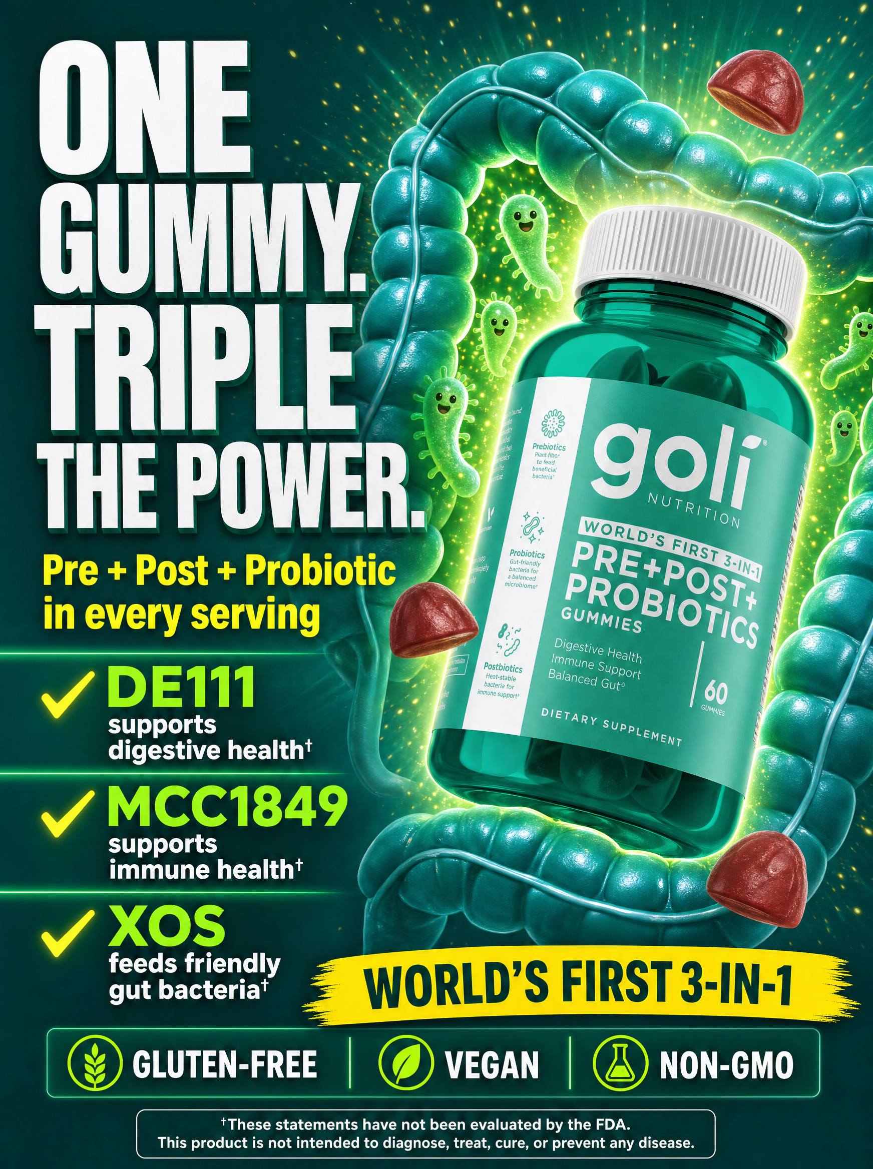 Goli Facebook ad: Three Biotics. One Gummy. World's First.