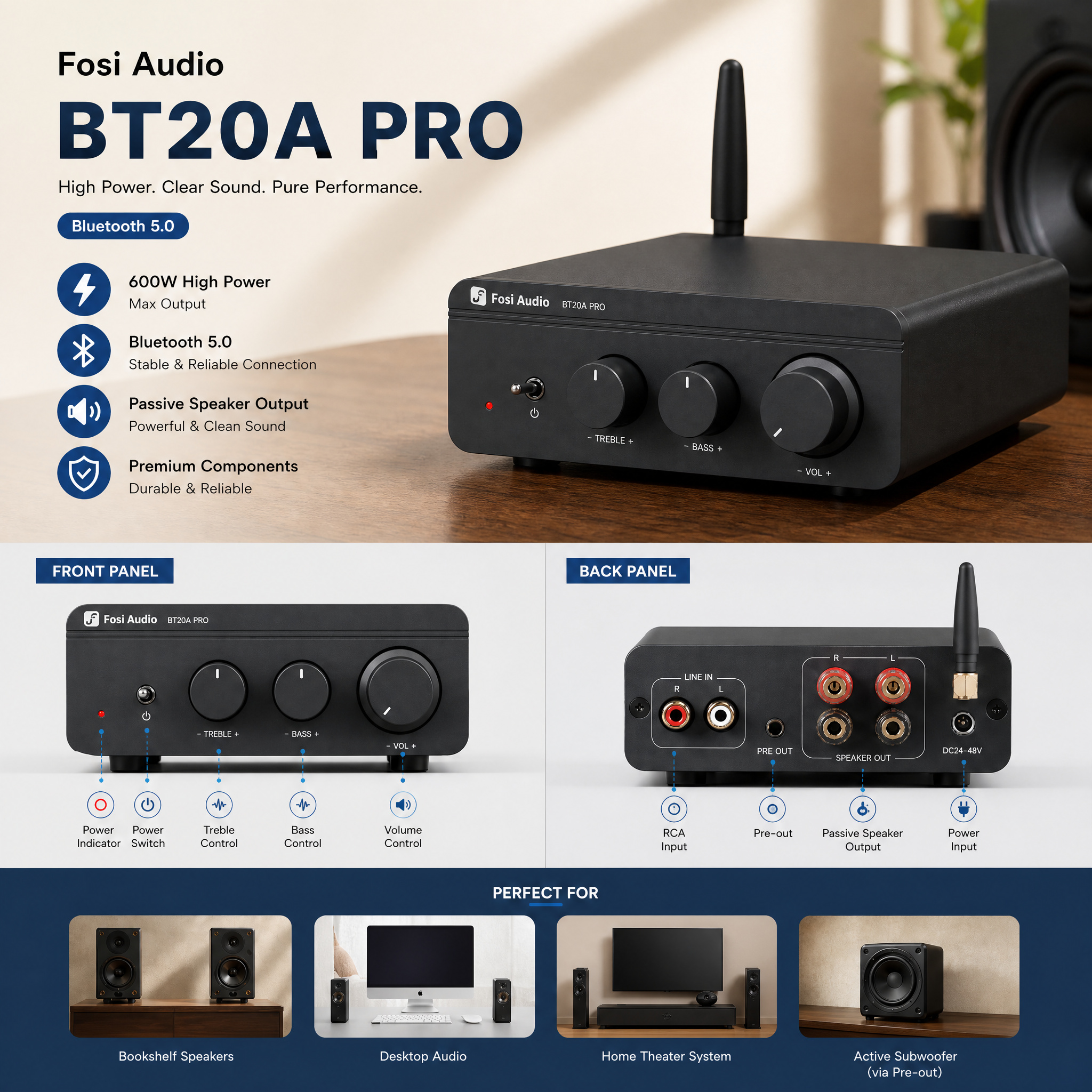 Fosi Audio EU Facebook ad: 300W ×2 Bluetooth HiFi Amplifier