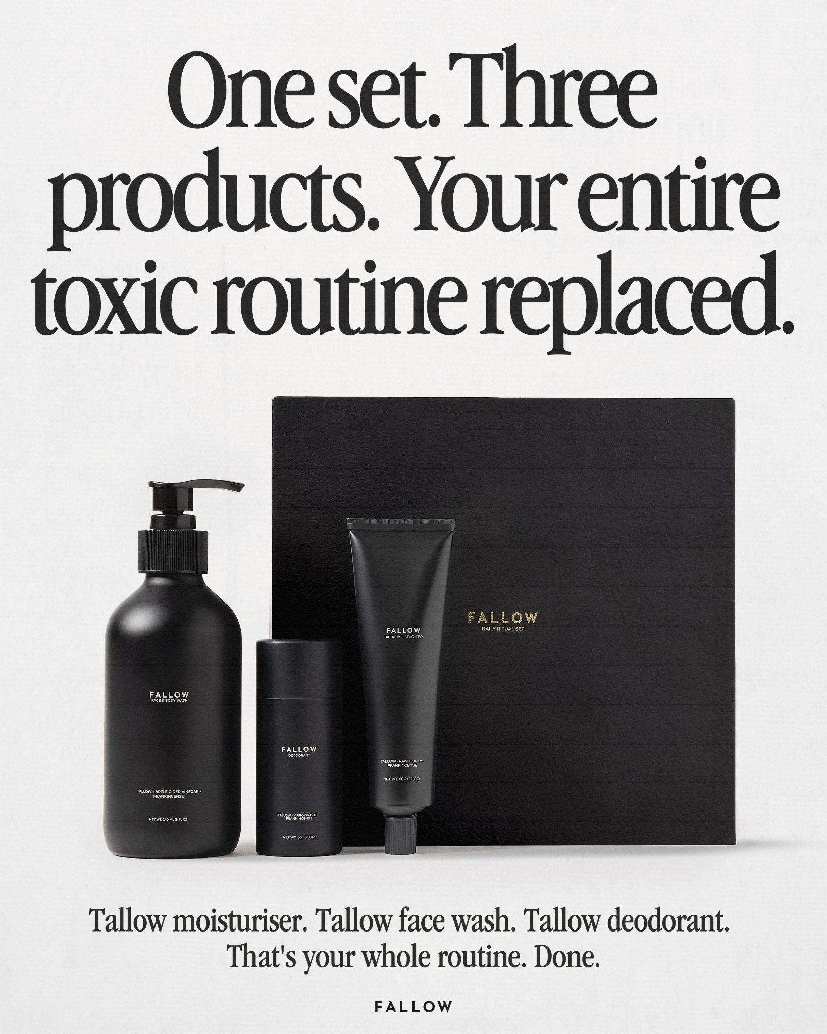 Fallow Skin Facebook ad: One set replaces everything