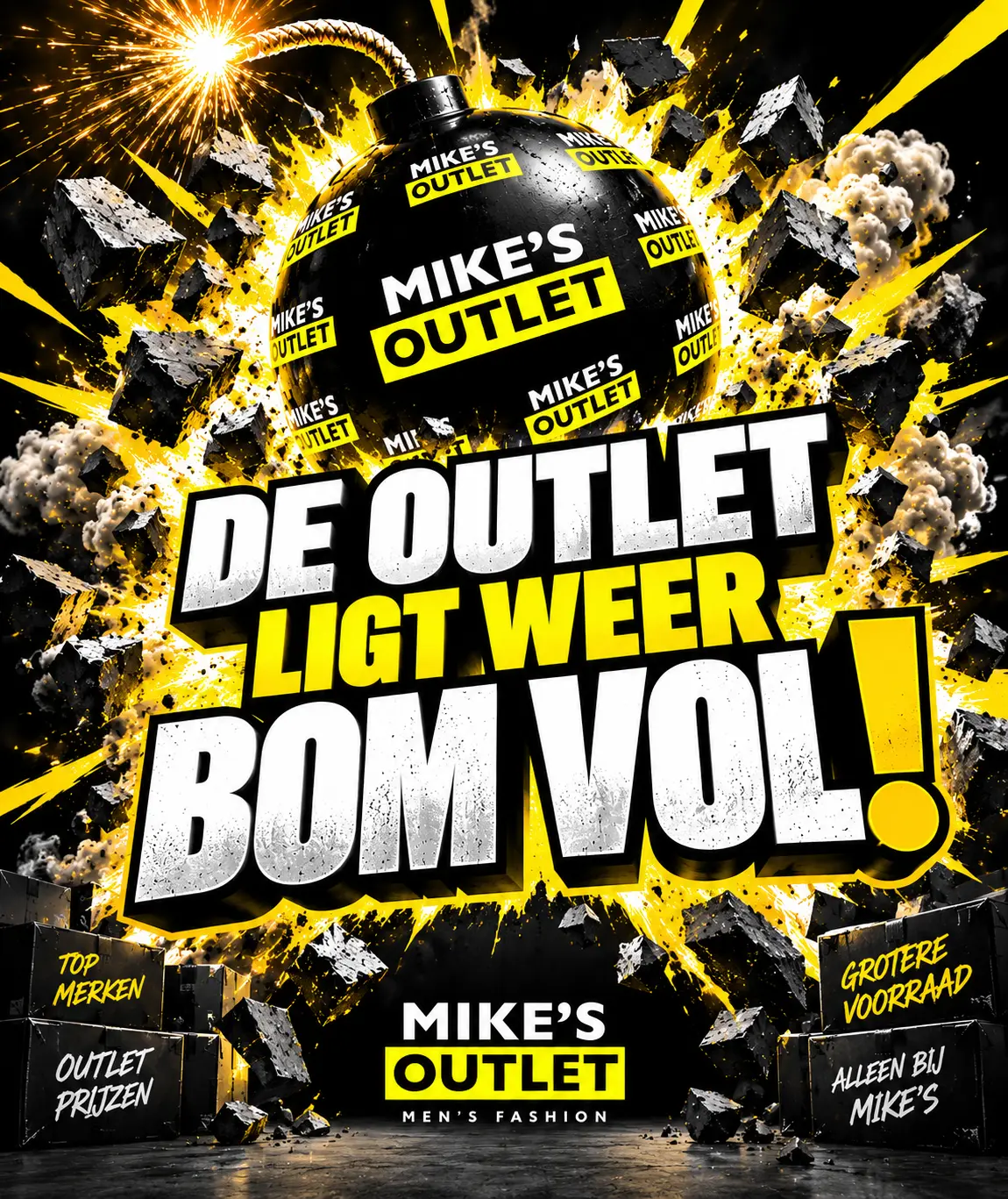 Mike's Outlet Facebook ad: 35.000 stuks op voorraad