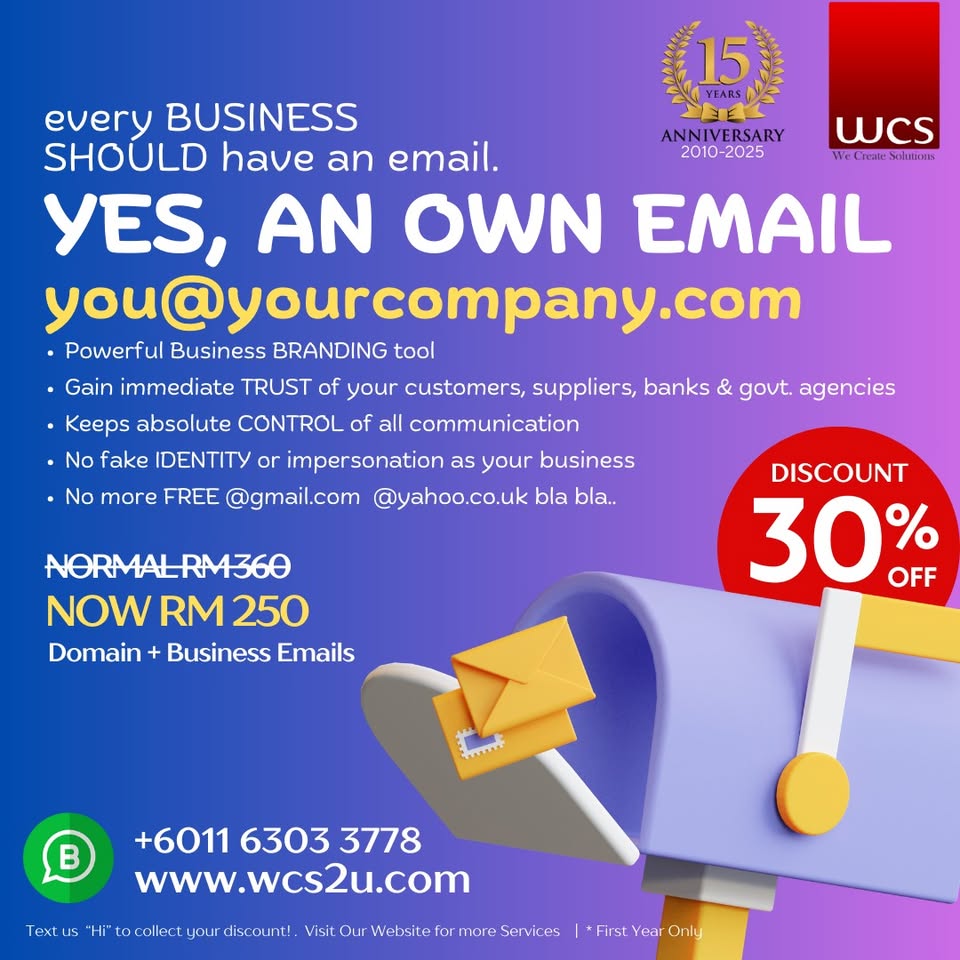 wcs2u.com Facebook ad: Business Emails 30% Off!