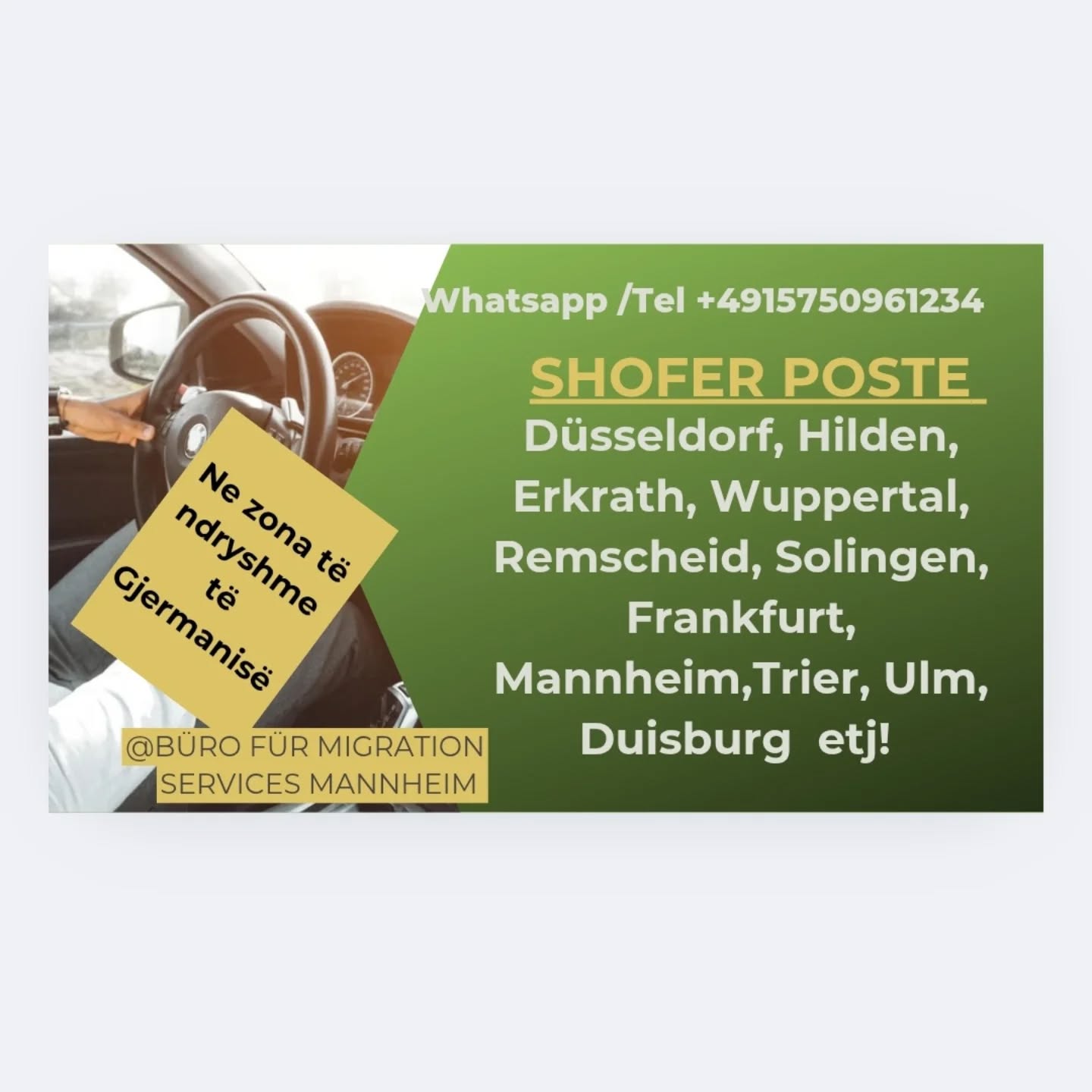 Zyre Emigracioni dhe Punesimi ne Gjermani Facebook ad: Shofer poste në shumë zona të Gjermanisë.