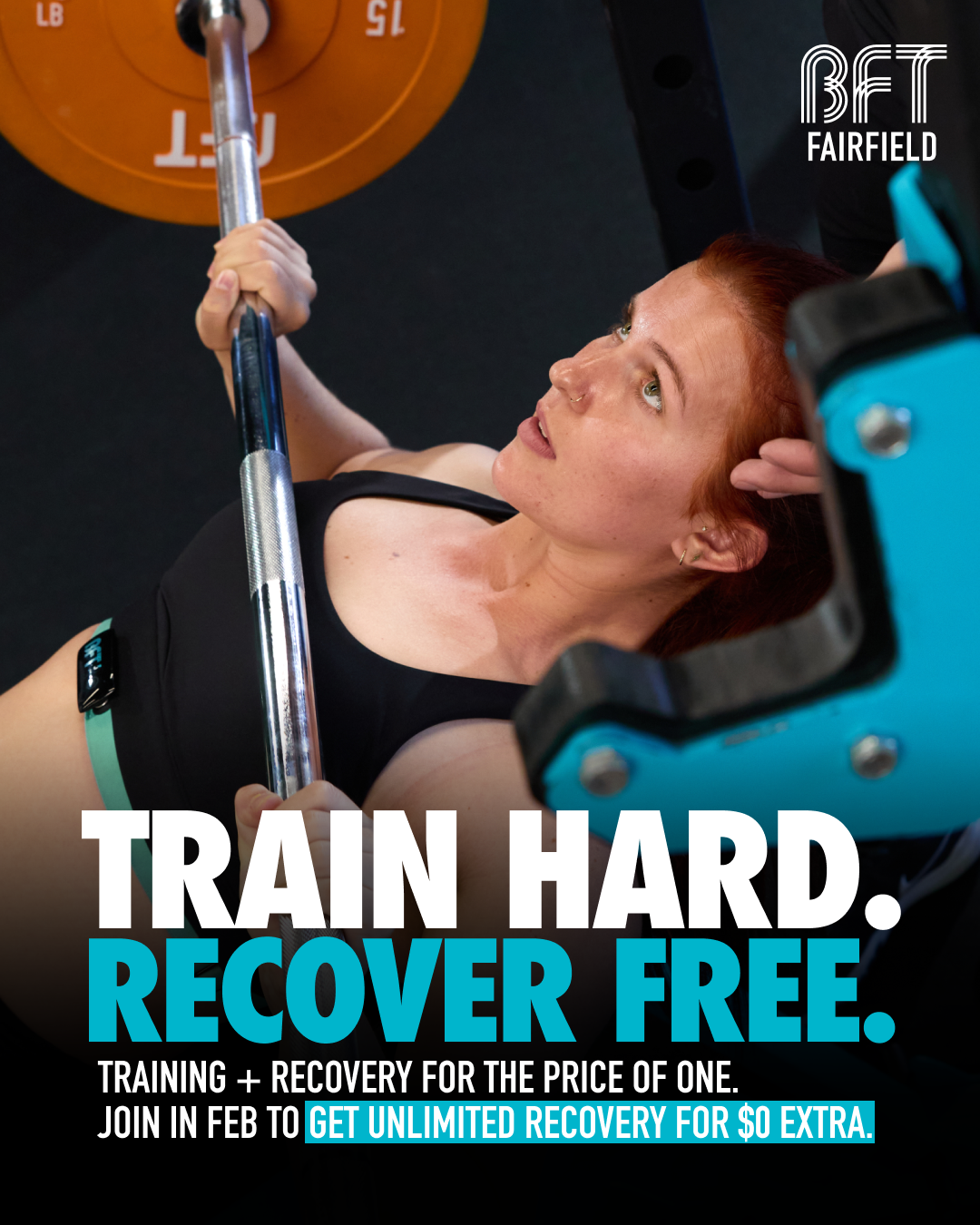 BFT Fairfield Facebook ad: TRAIN HARD. RECOVER FREE.